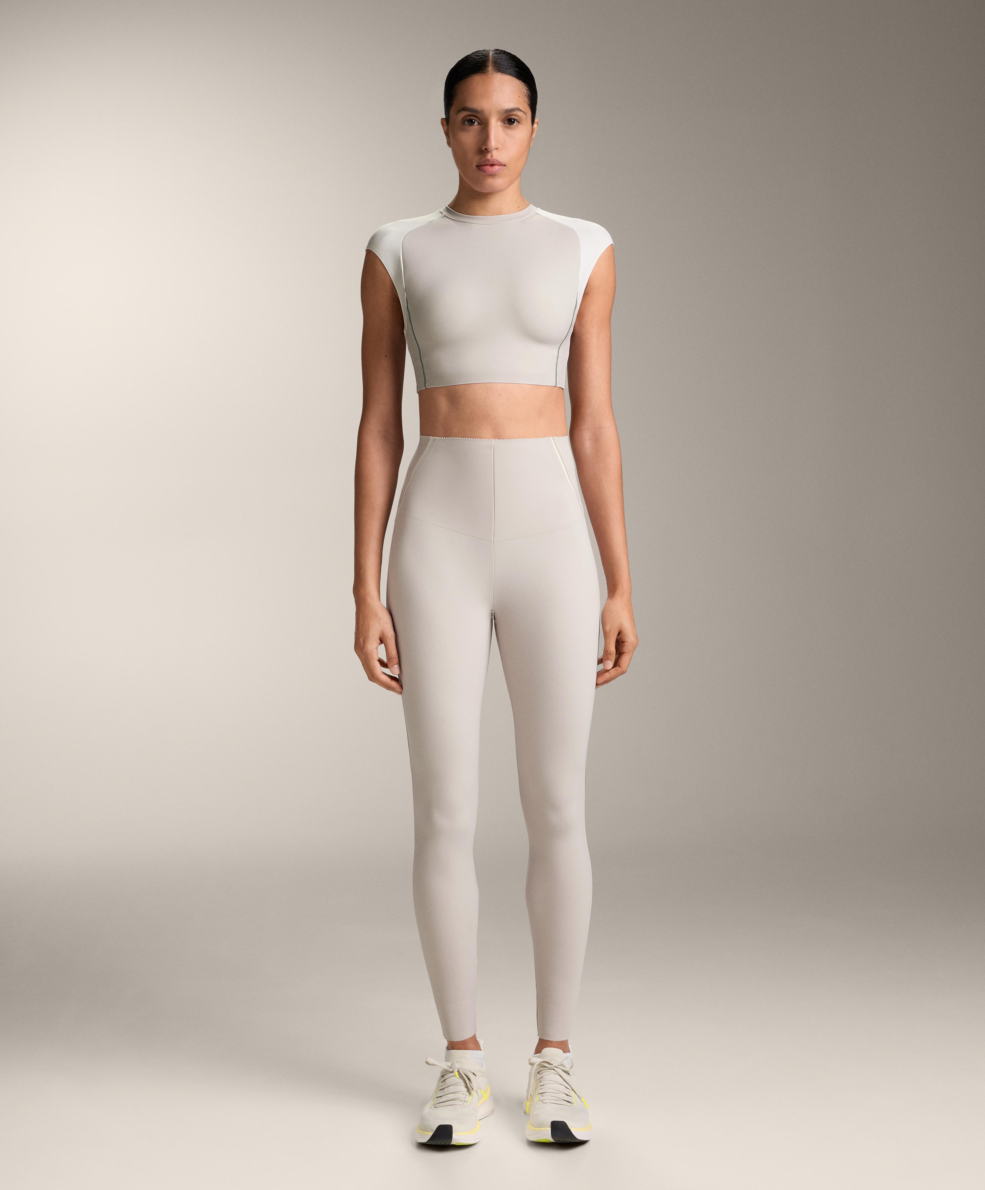 High-rise Compressive reflective core control ankle-length leggings — TAUPE
