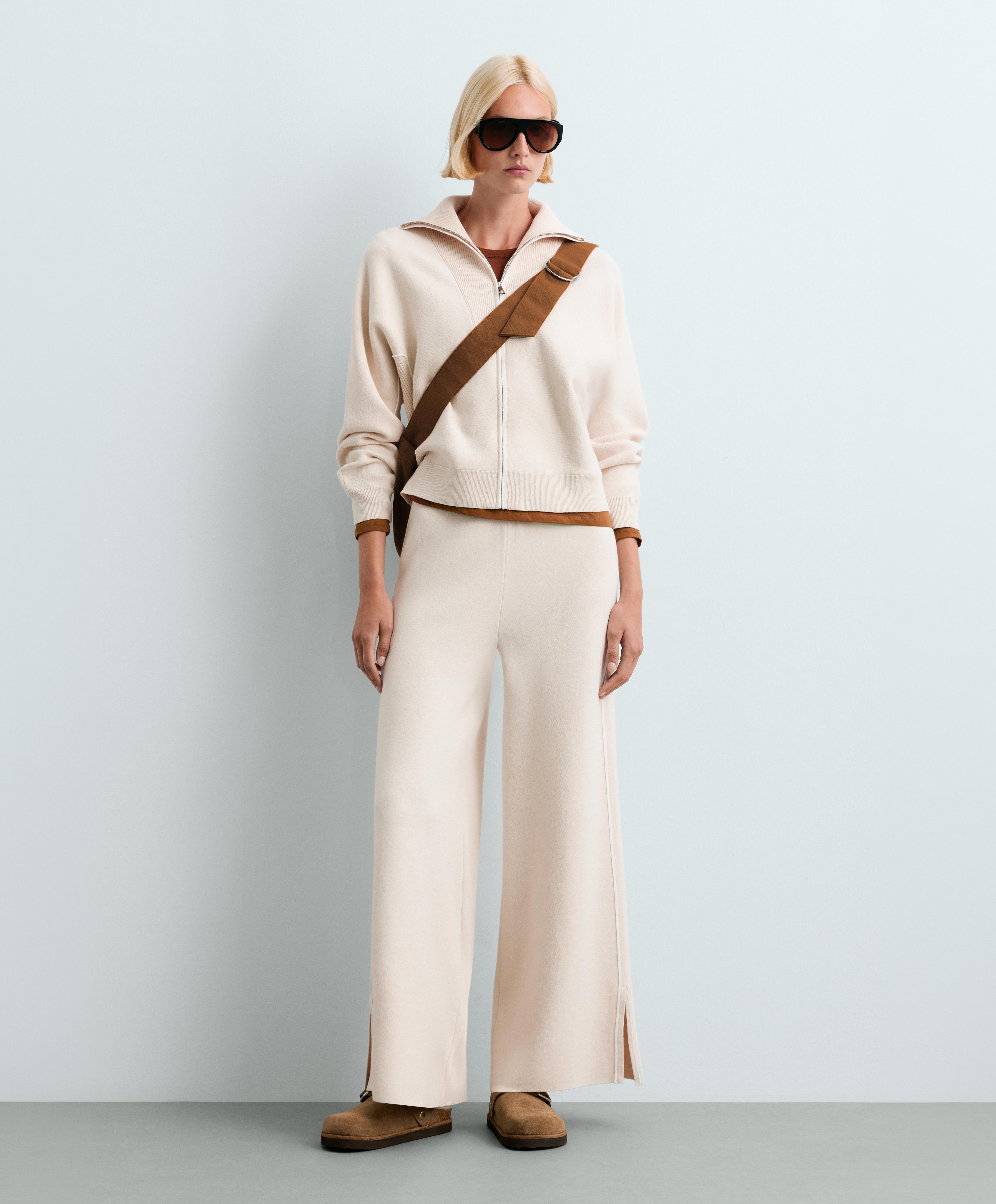 Wide-leg contrast piping trousers — ECRU