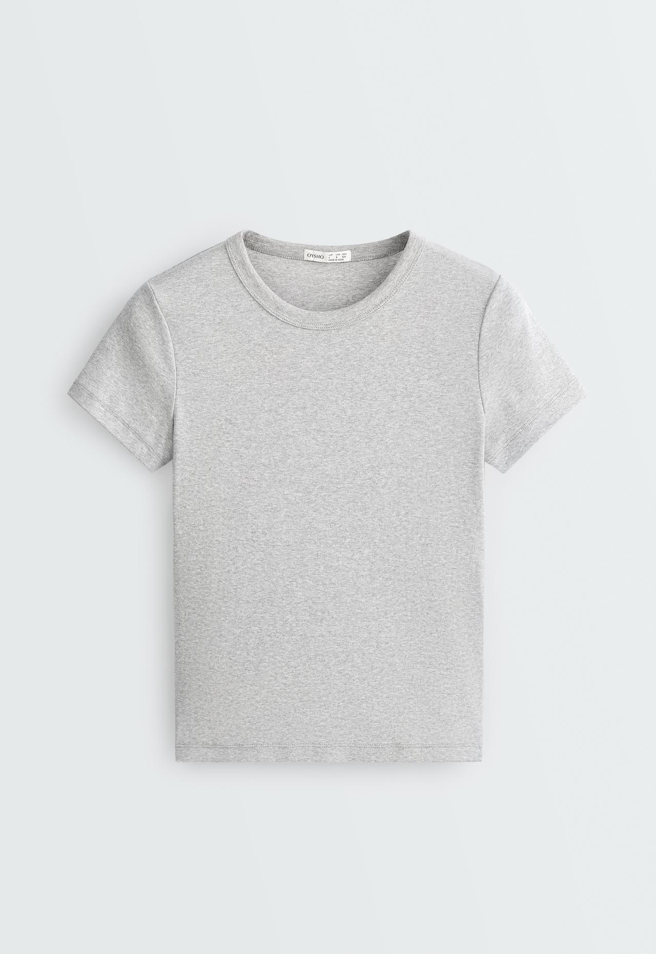 Fitted short-sleeved cotton blend rib T-shirt — GREY MELANGE