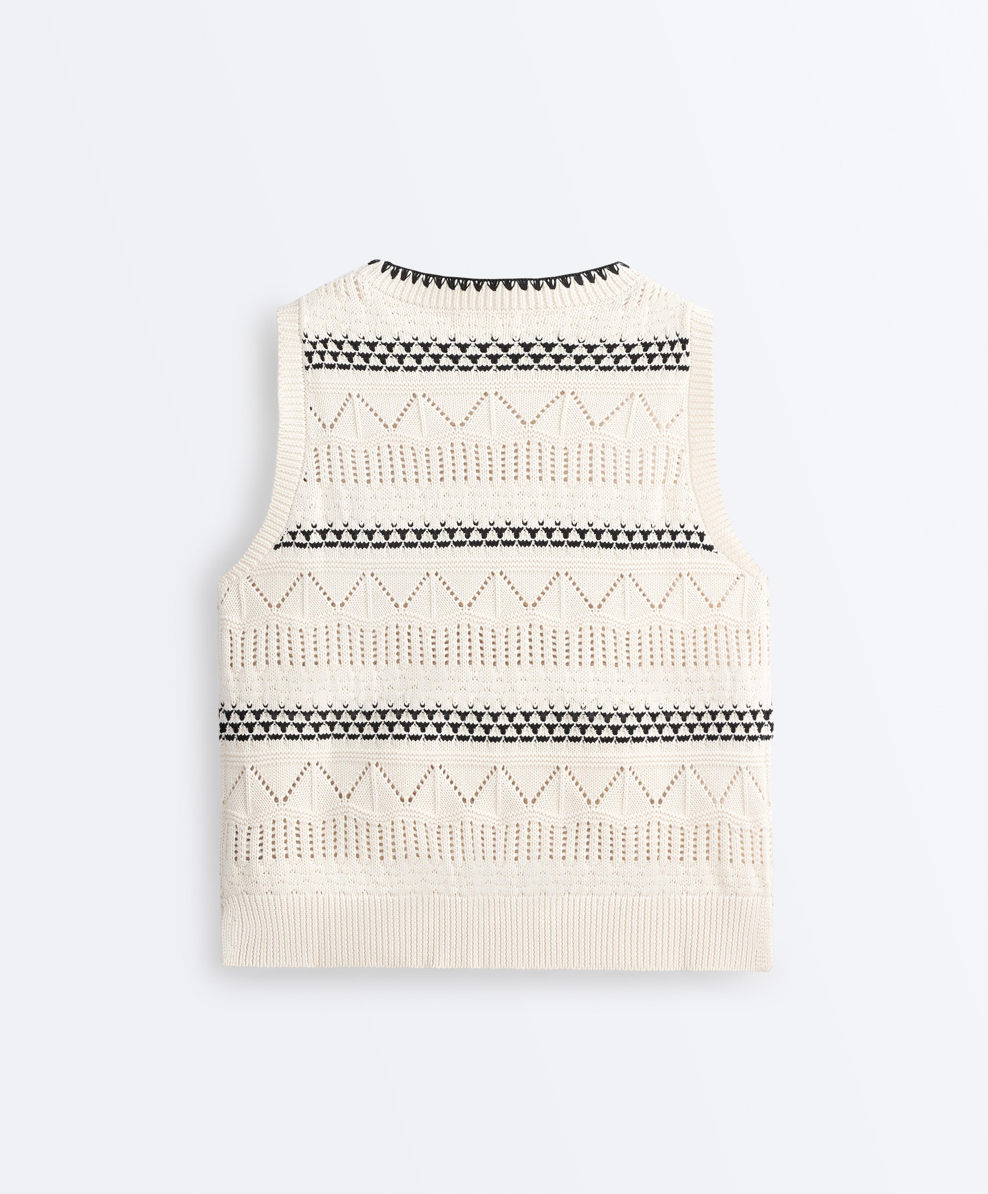 100% cotton open-knit contrast vest — PALE ECRU
