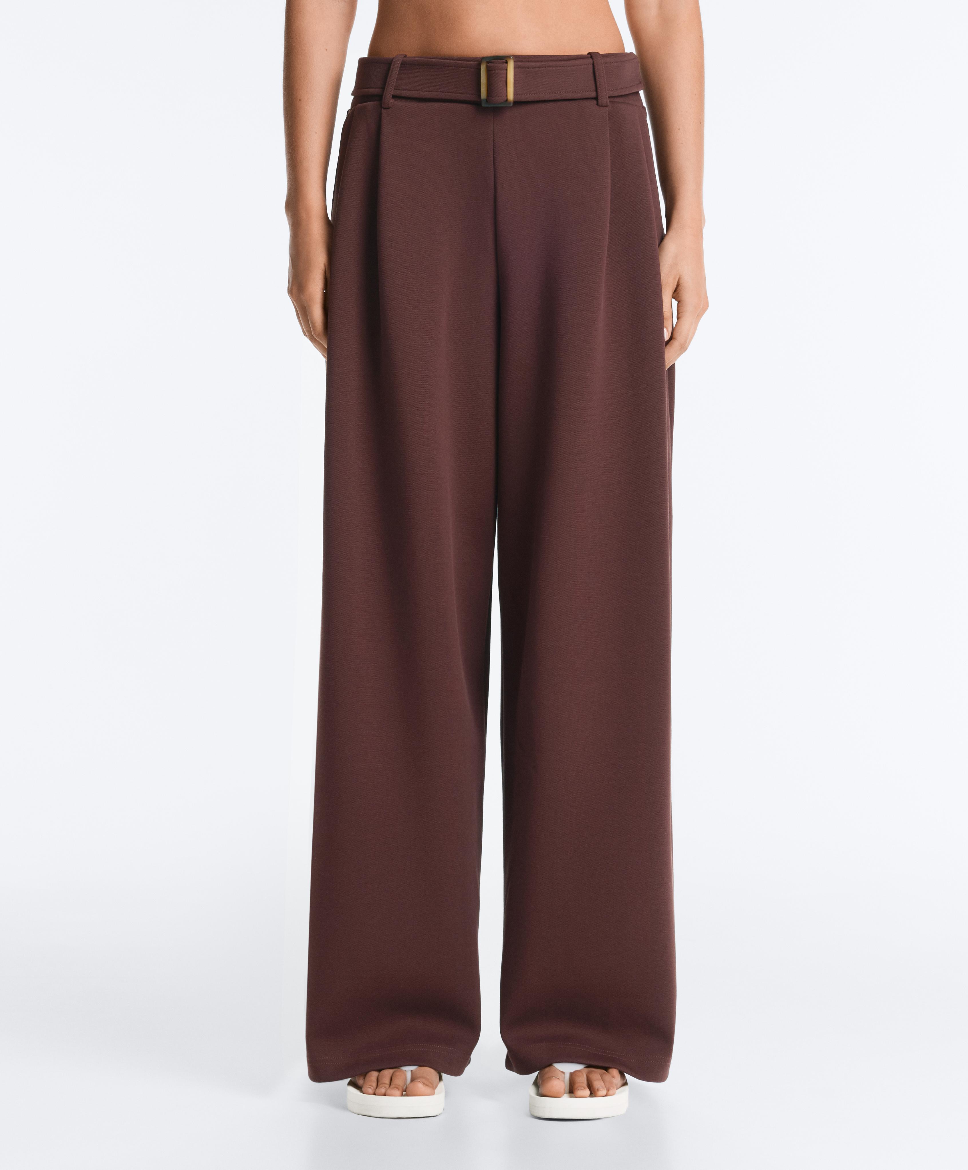Wide-leg cotton piqué belted trousers — CHOCOLATE
