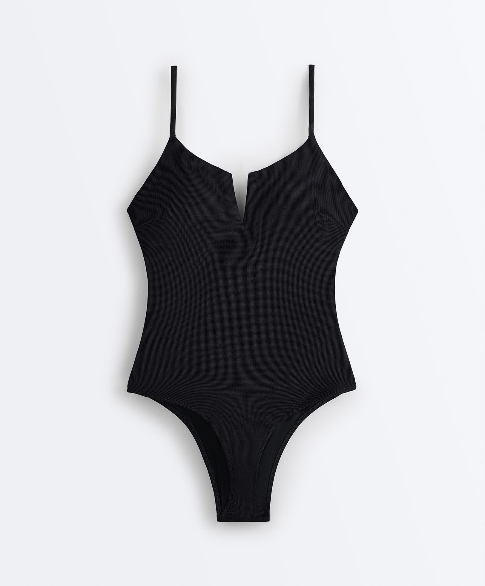 Piqué V-neck swimsuit — BLACK