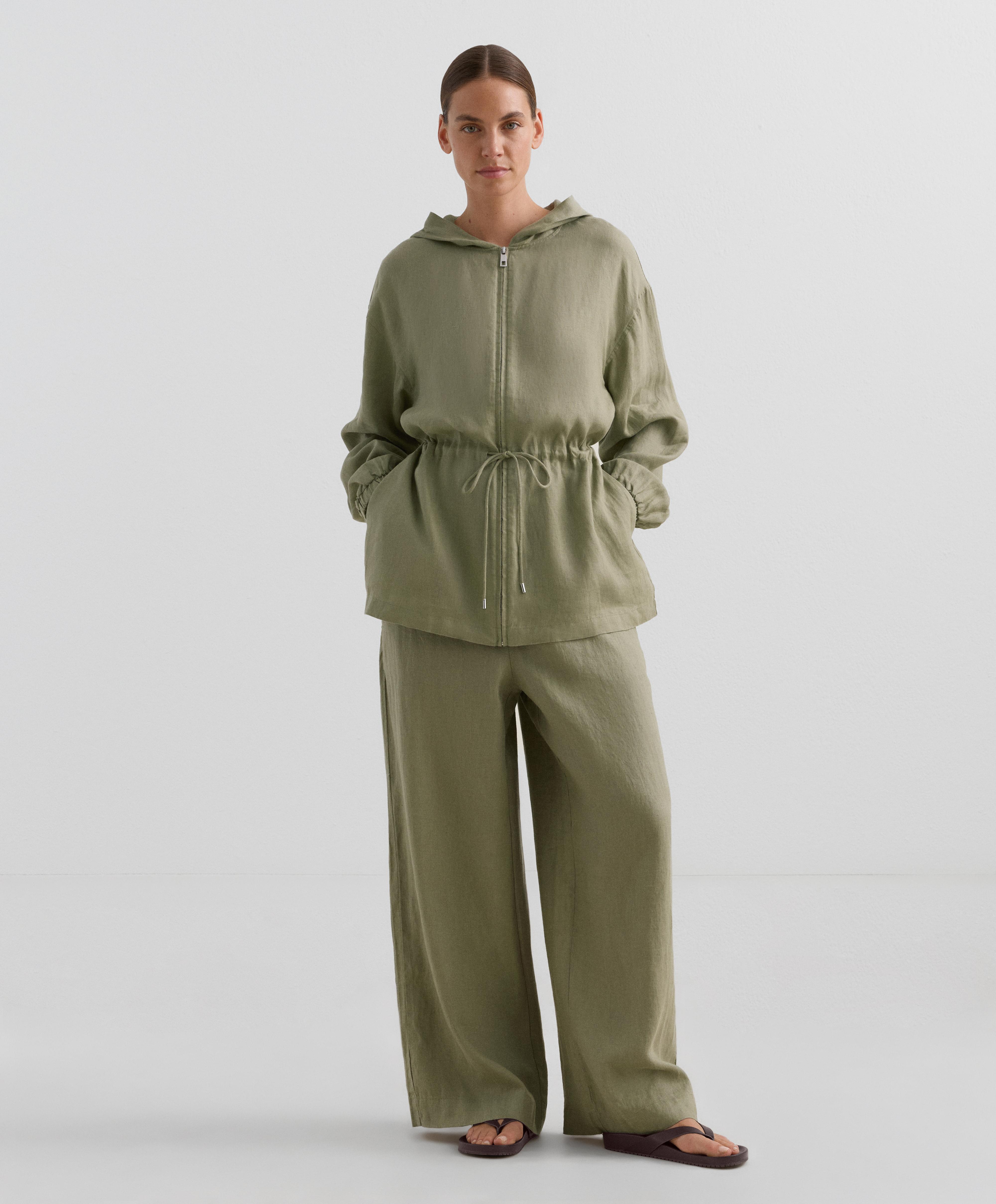 Kapüşonlu Uzun %100 Keten Ceket - İndirim