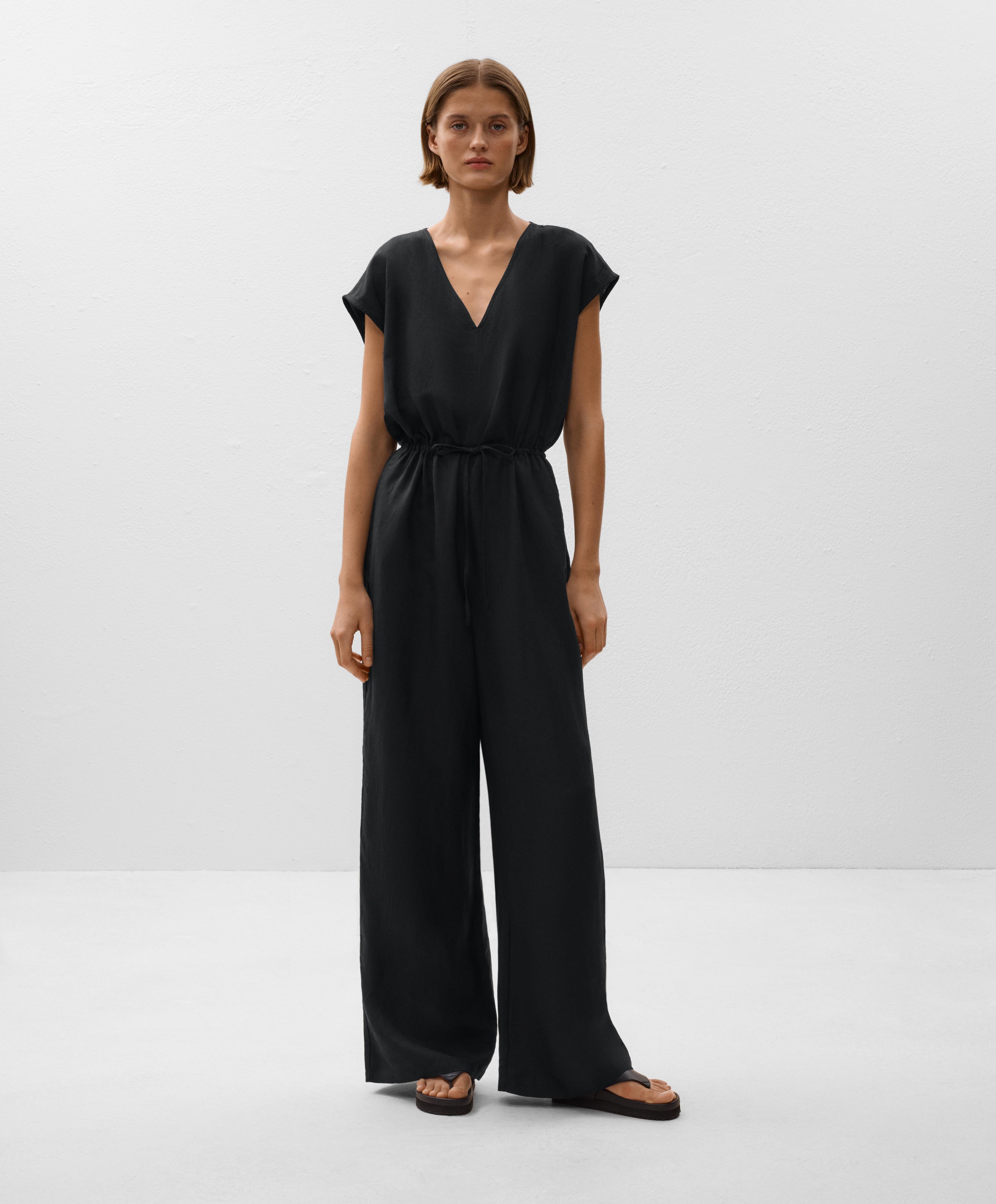 Linen blend long jumpsuit with gathered waist Linen blend long jumpsuit with gathered waist