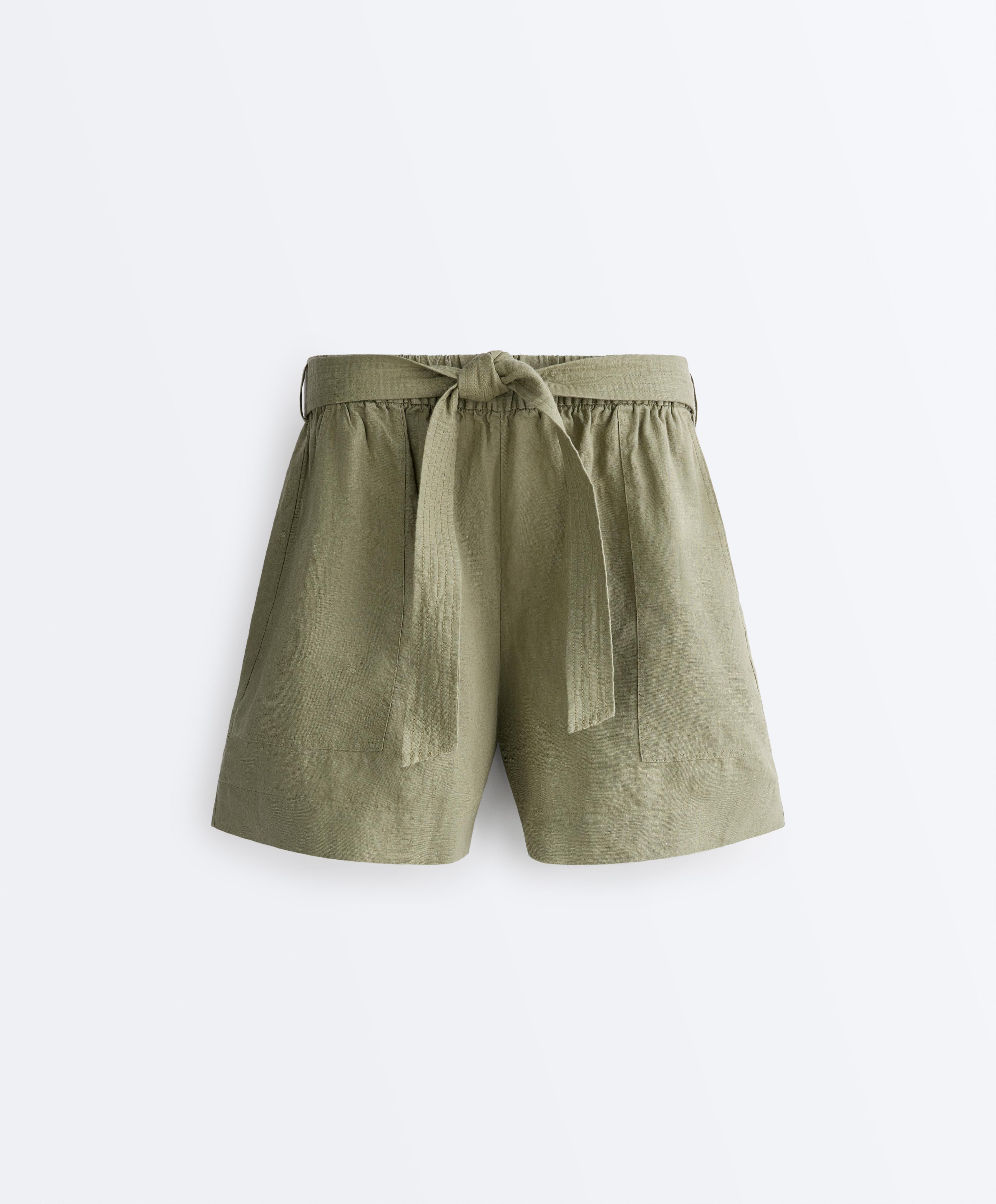 100% linen Bermuda shorts with belt — YELLOW GREEN
