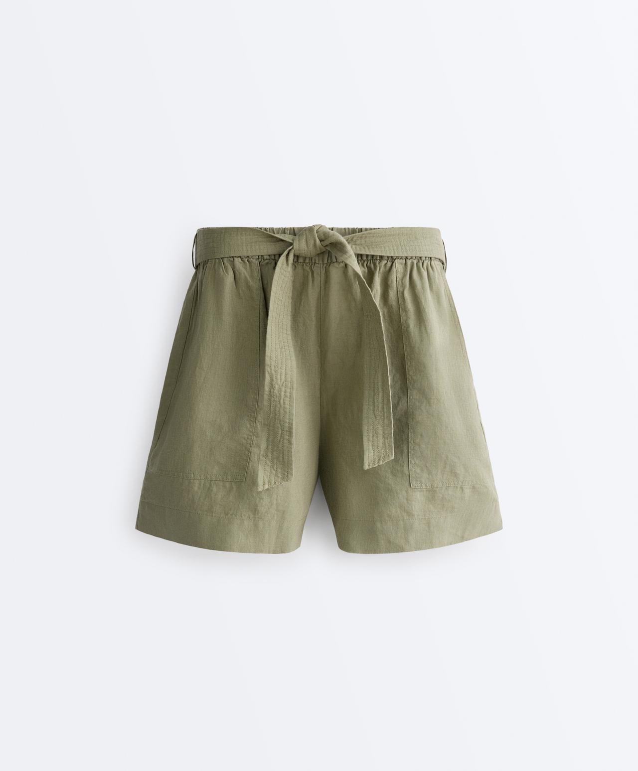 100% linen Bermuda shorts with belt — YELLOW GREEN
