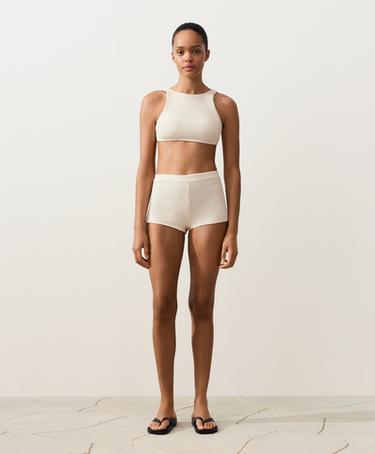Bubble-texture crochet high-waisted bikini shorts — ECRU 2