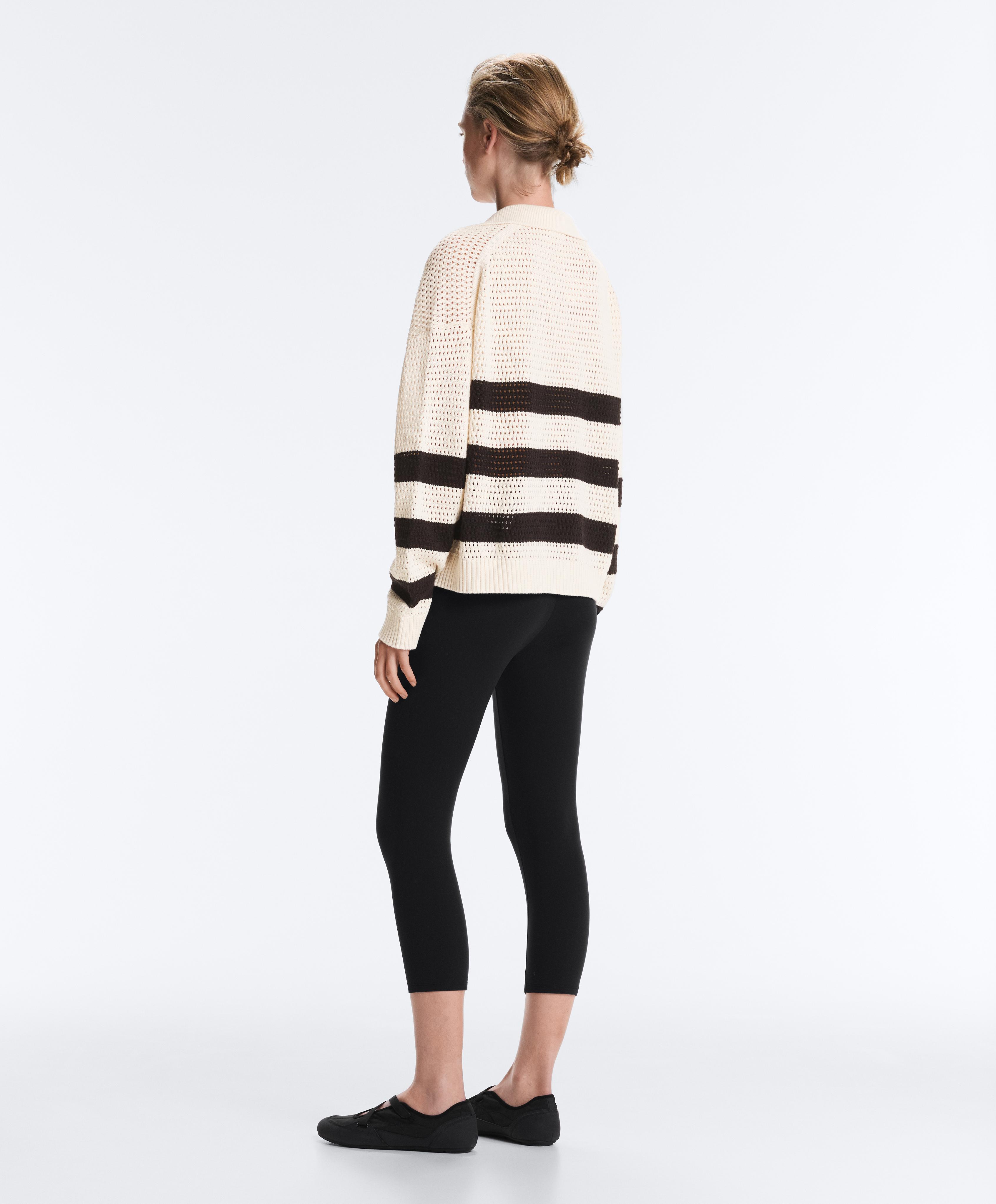 100% cotton striped open knit long-sleeve polo shirt — ECRU