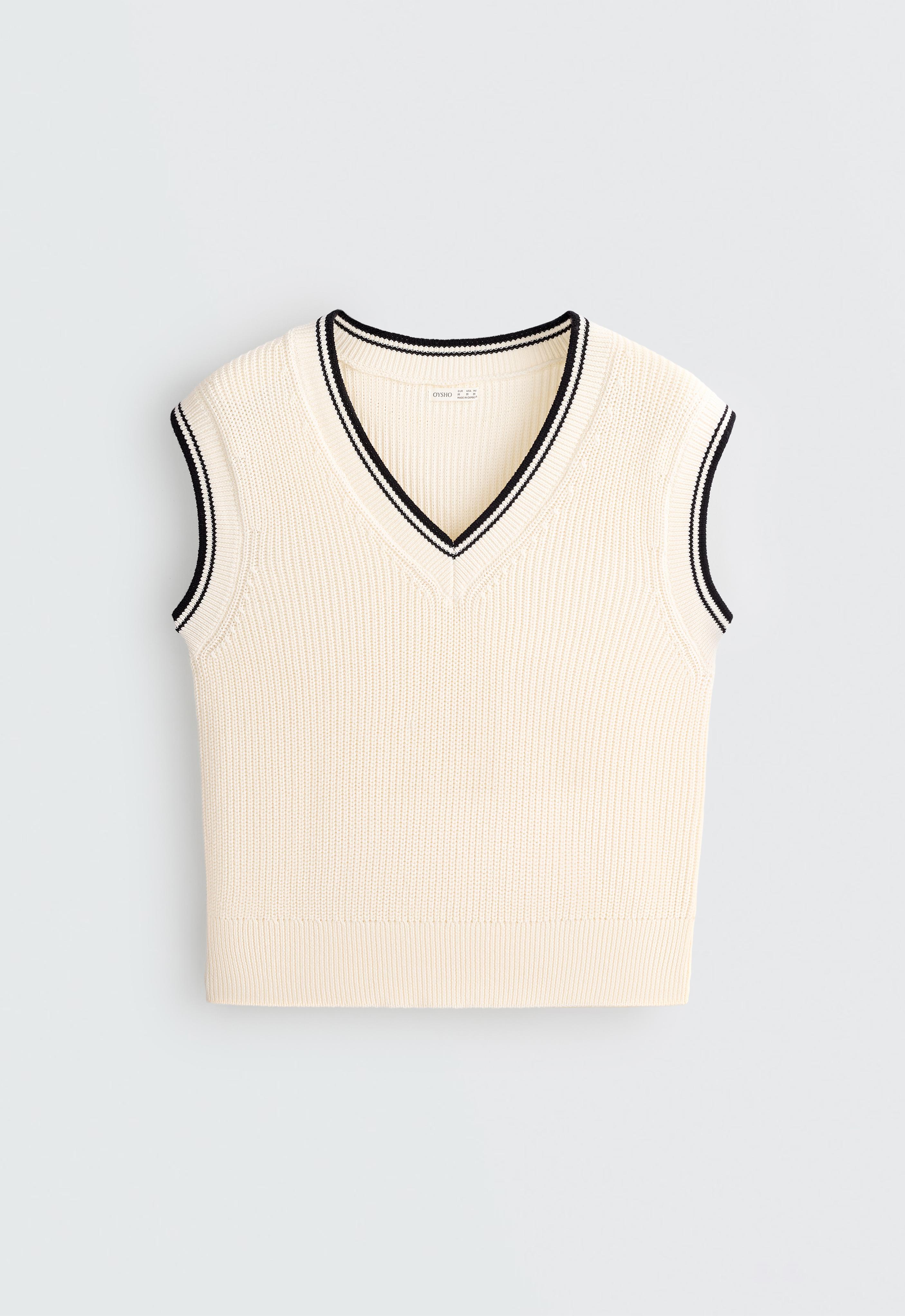Contrast 100% cotton knit vest — PALE ECRU