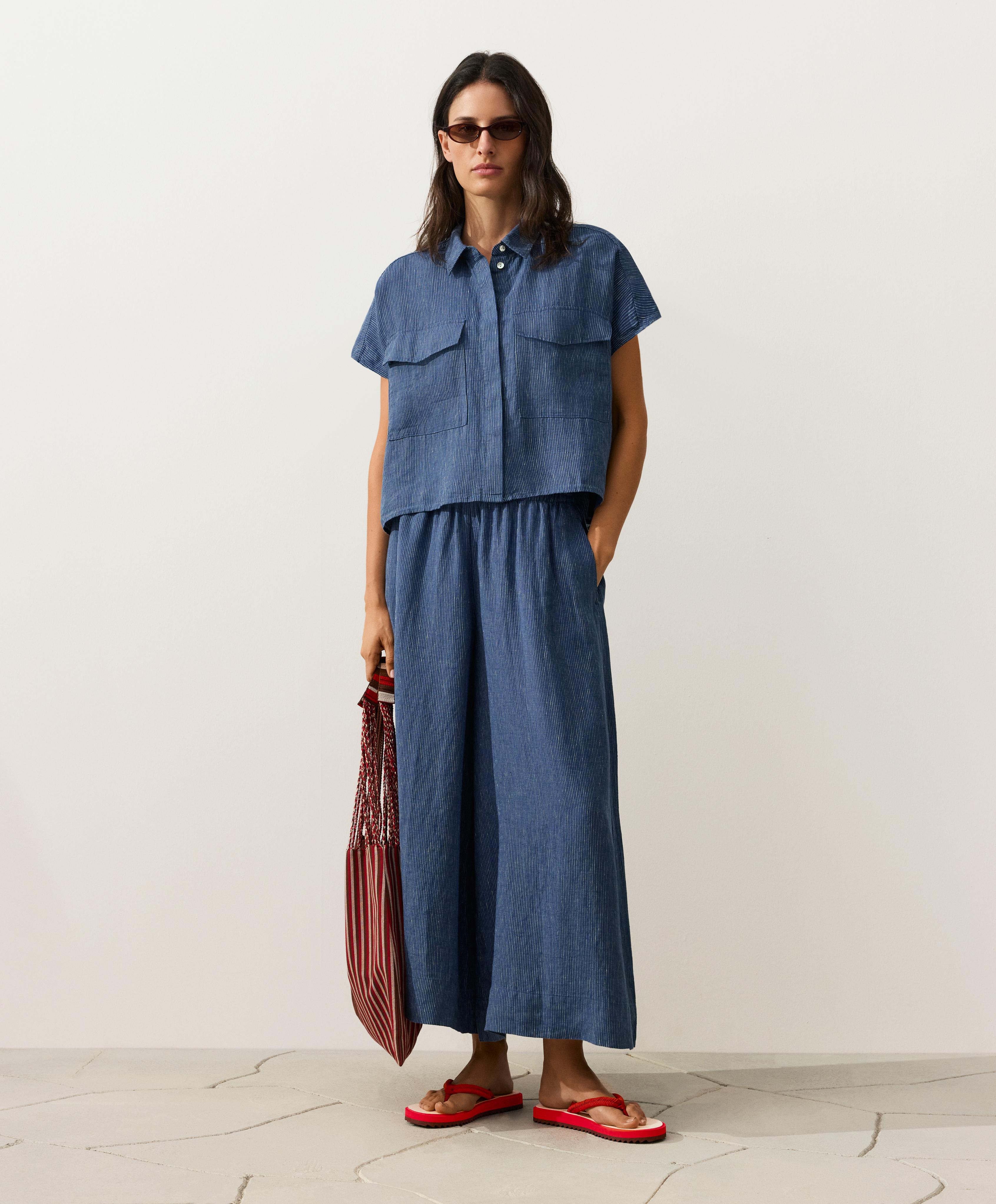 Total look wide leg crop 100% lino azul