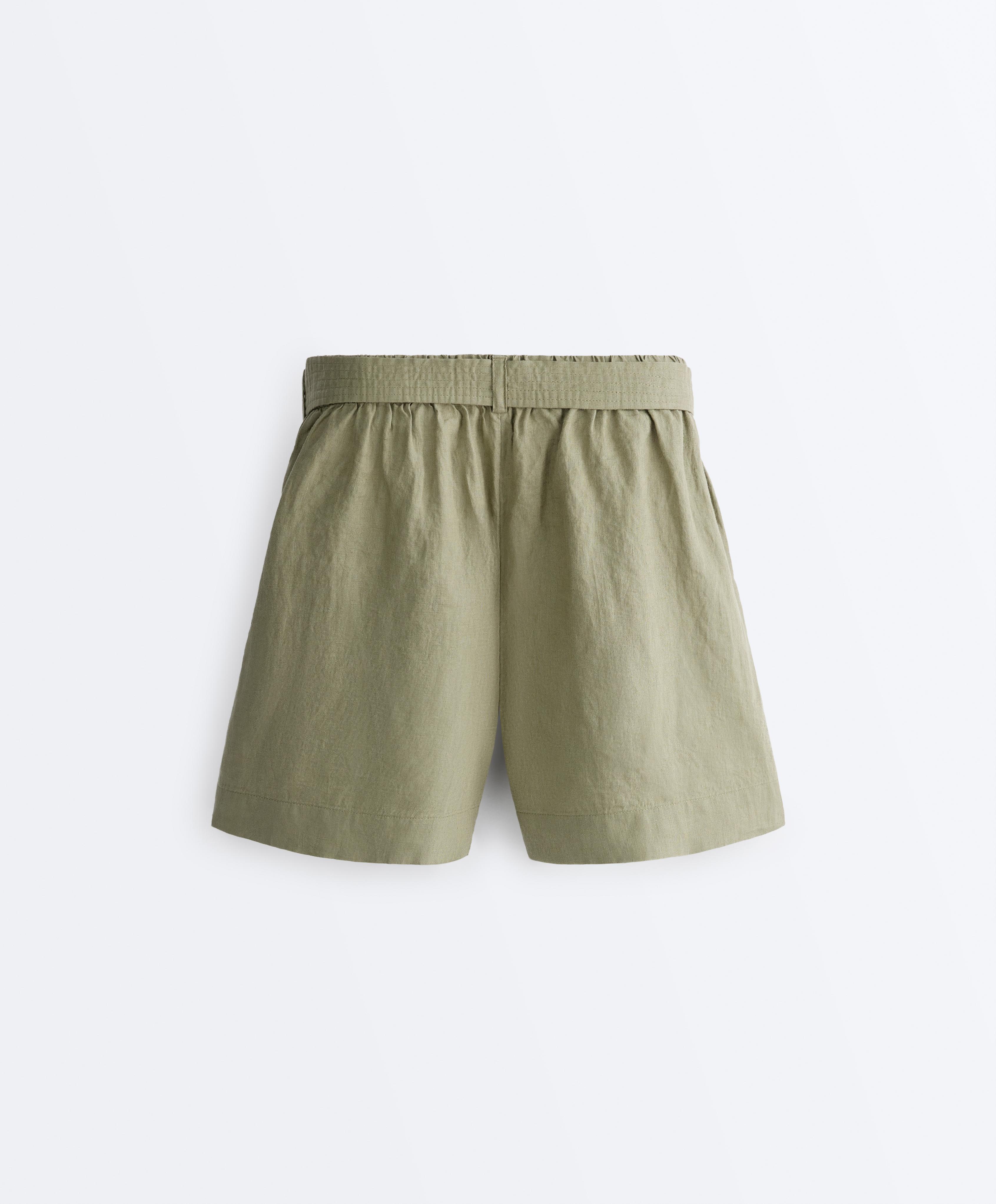 100% linen Bermuda shorts with belt — YELLOW GREEN