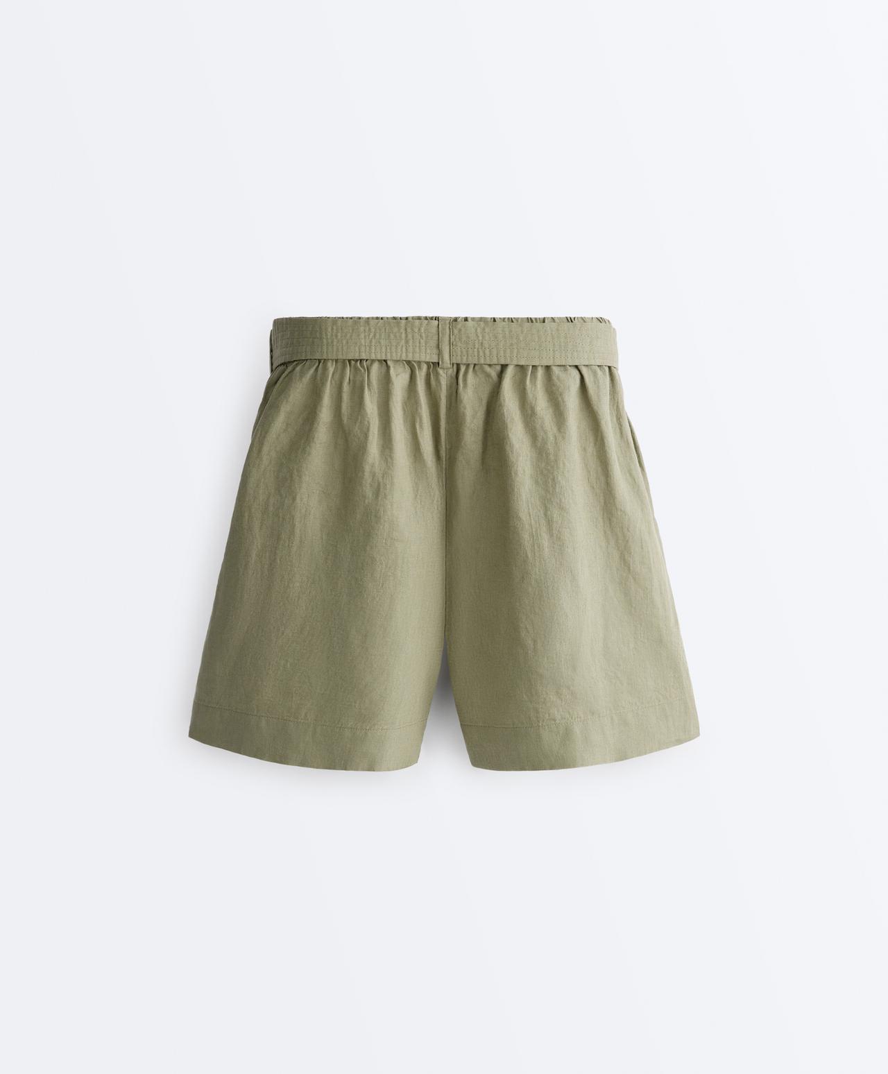 100% linen Bermuda shorts with belt — YELLOW GREEN