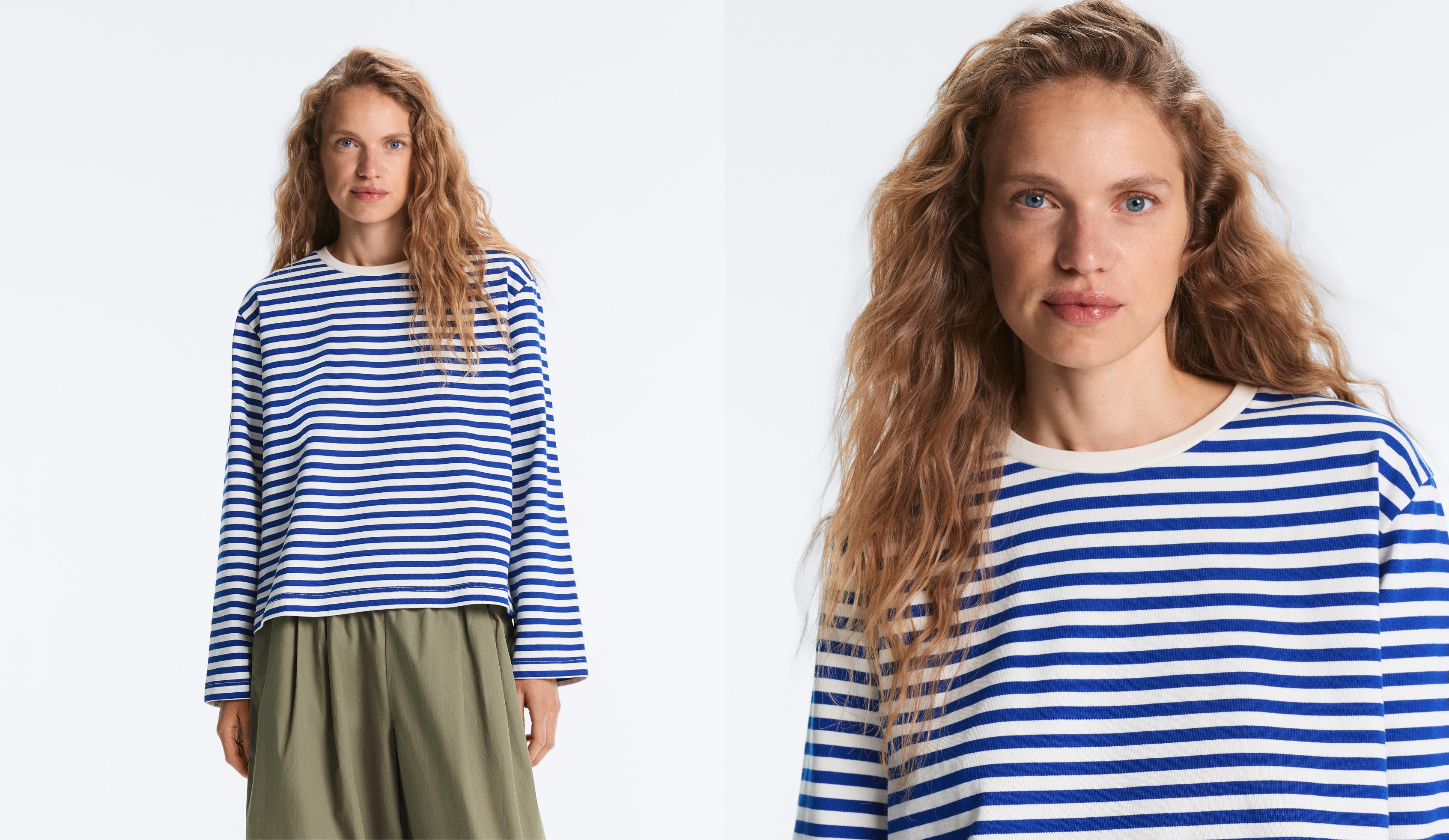Boxy long-sleeved stripe 100% cotton T-shirt — ELECTRIC BLUE