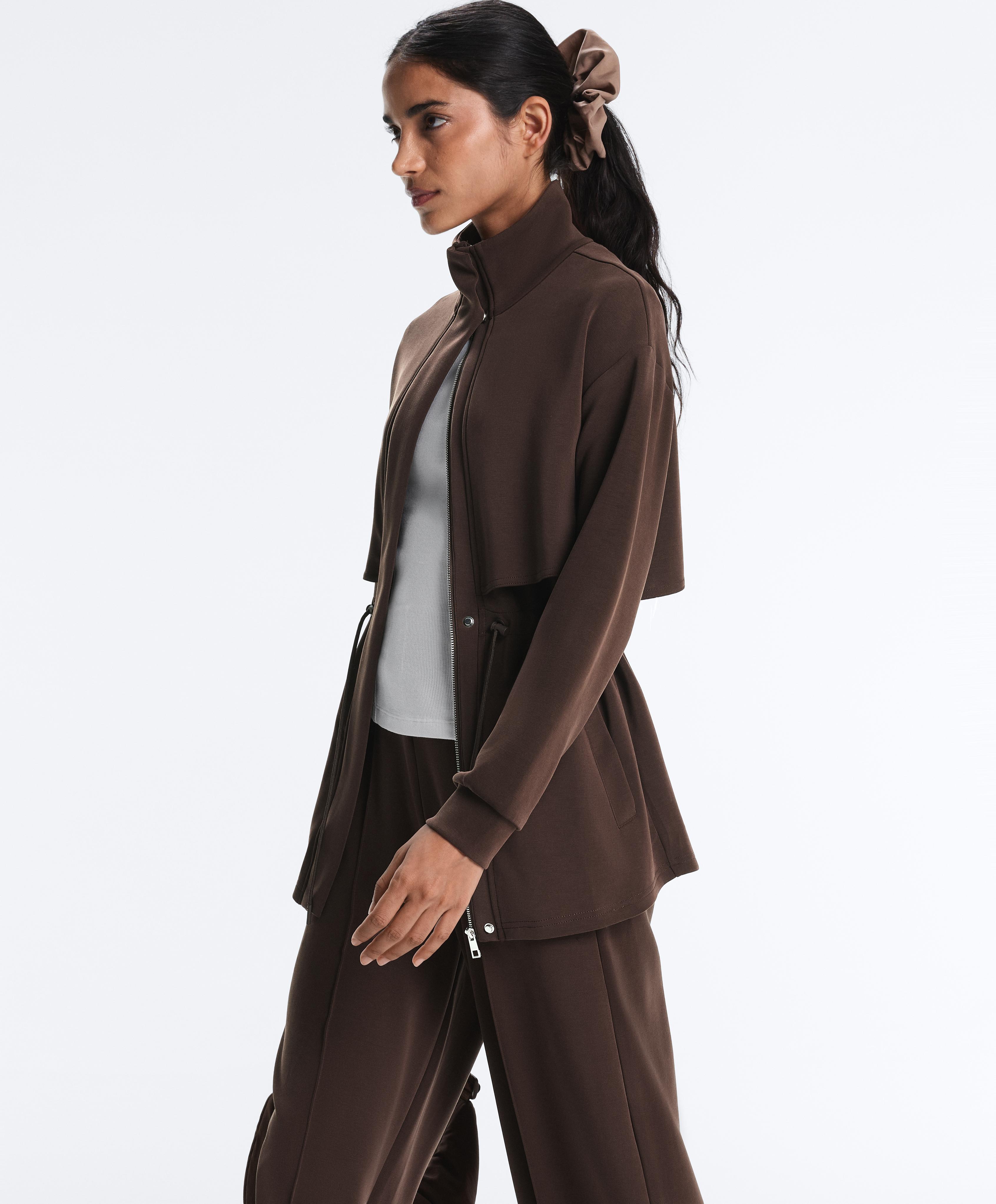 Long soft-touch jacket with modal and pockets — BROWN