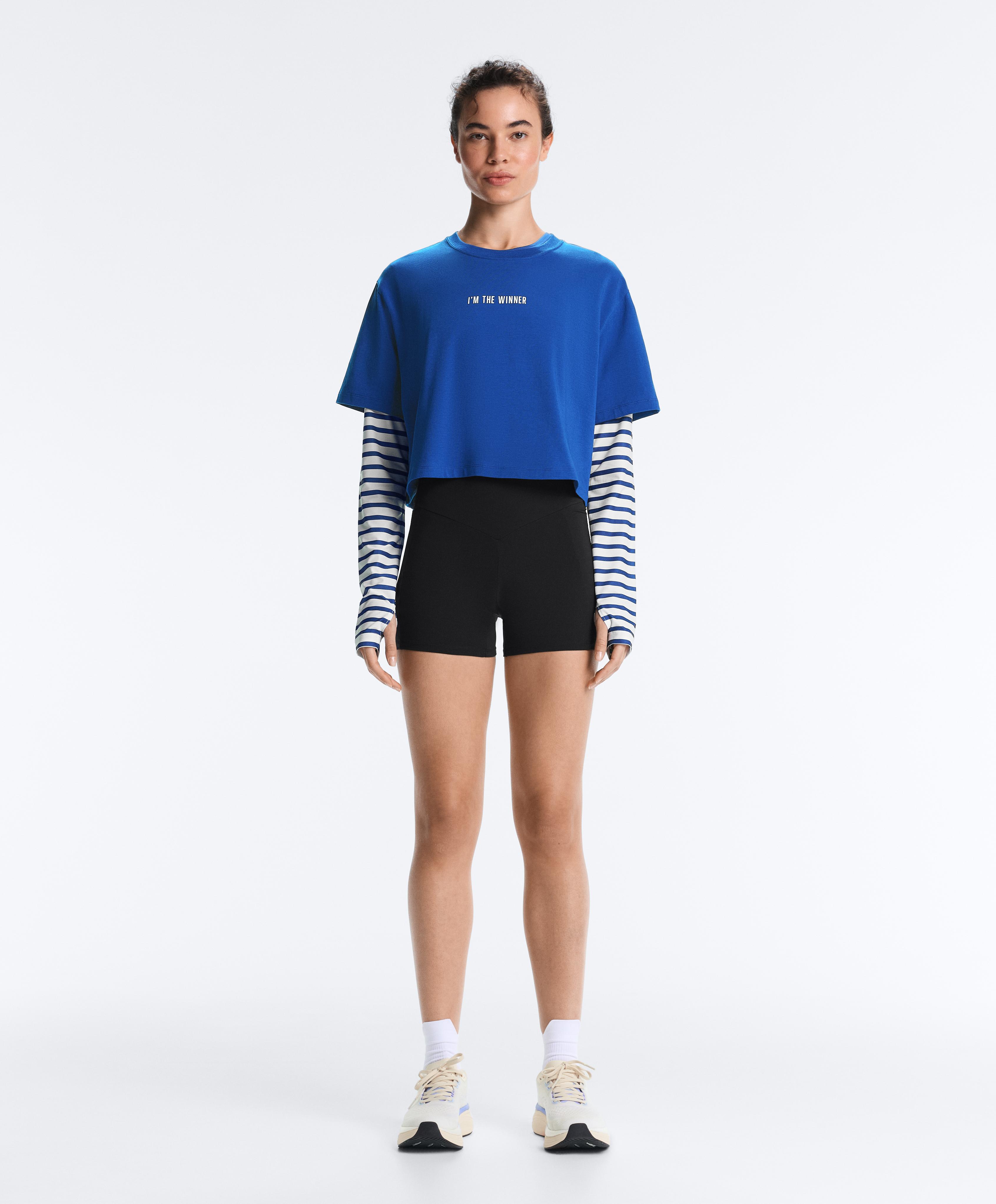 Boxy cropped cotton blend slogan T-shirt — ELECTRIC BLUE
