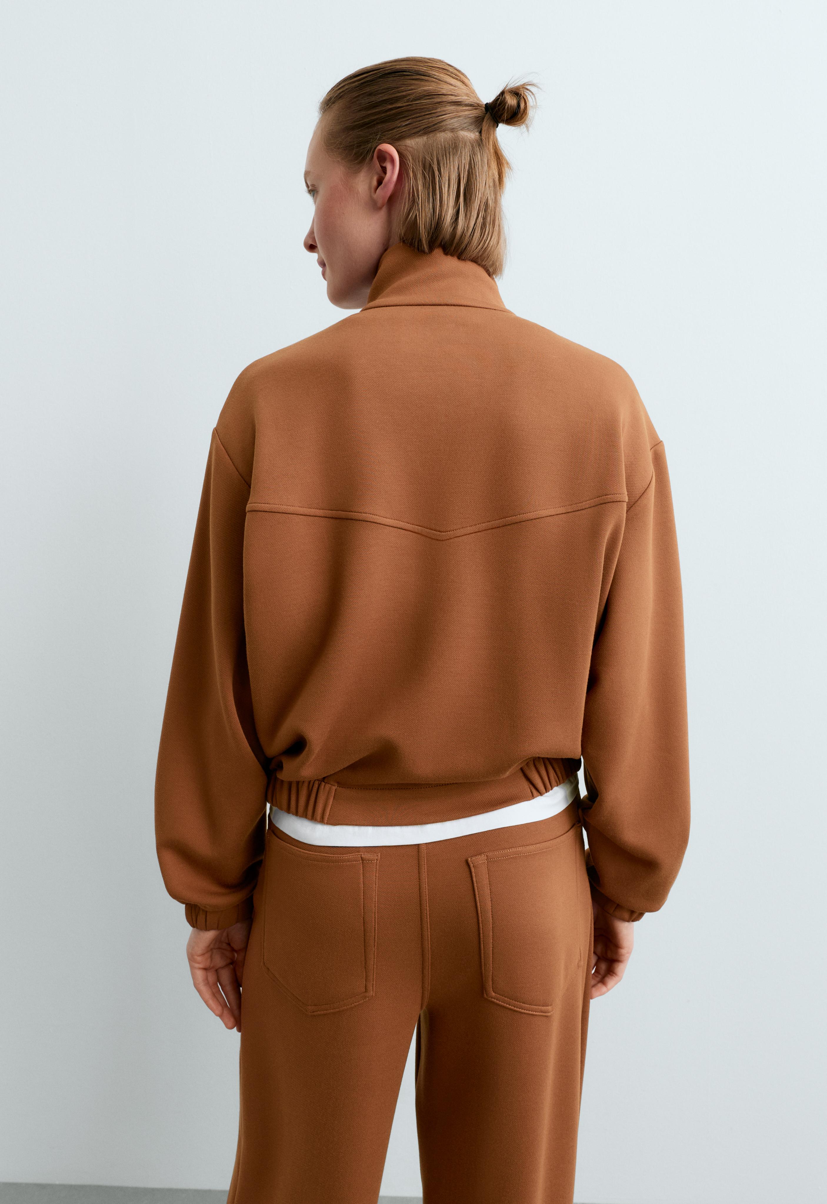 High-neck cropped jacket — COGNAC