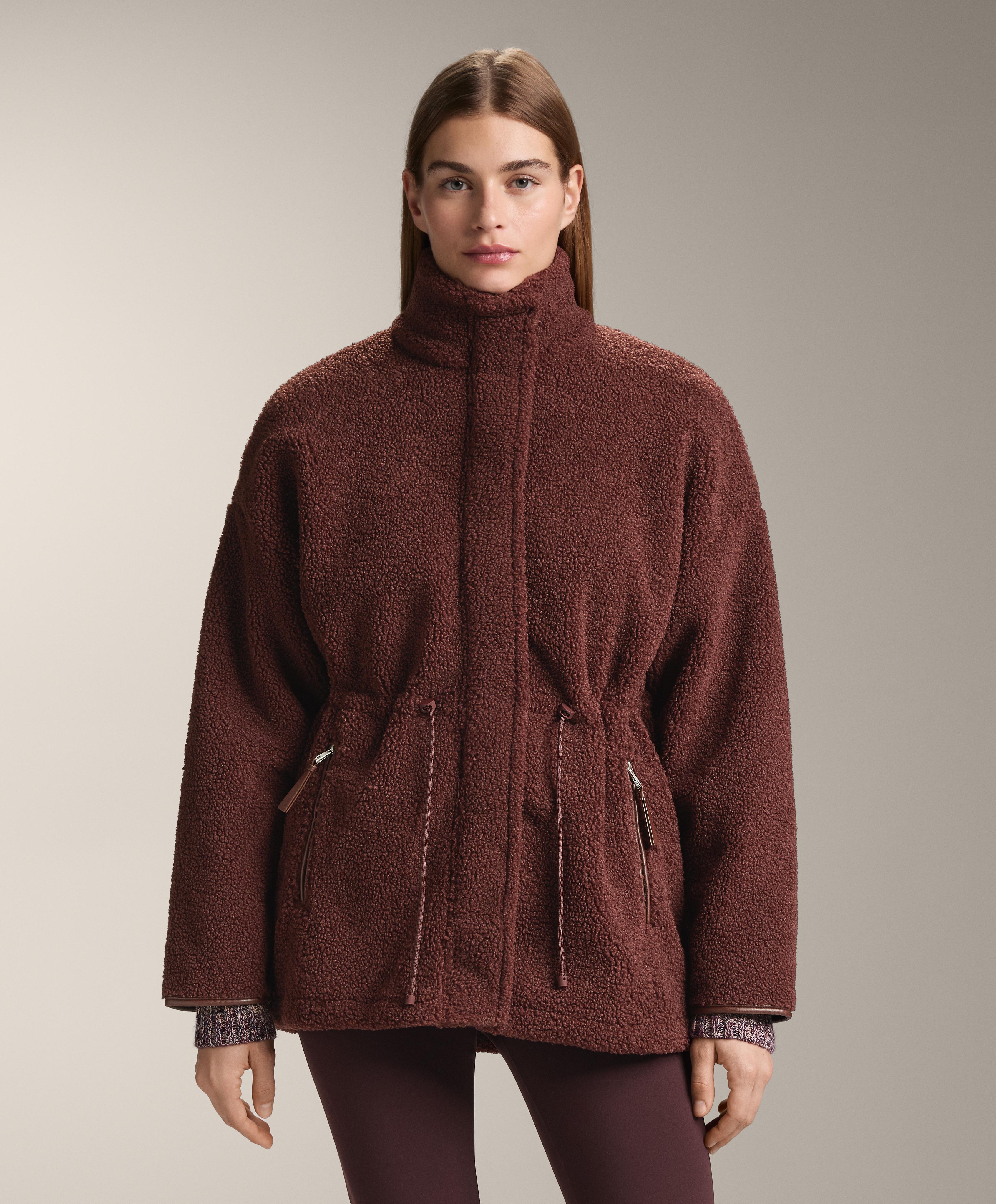 Adjustable waist faux-shearling jacket — BURGUNDY