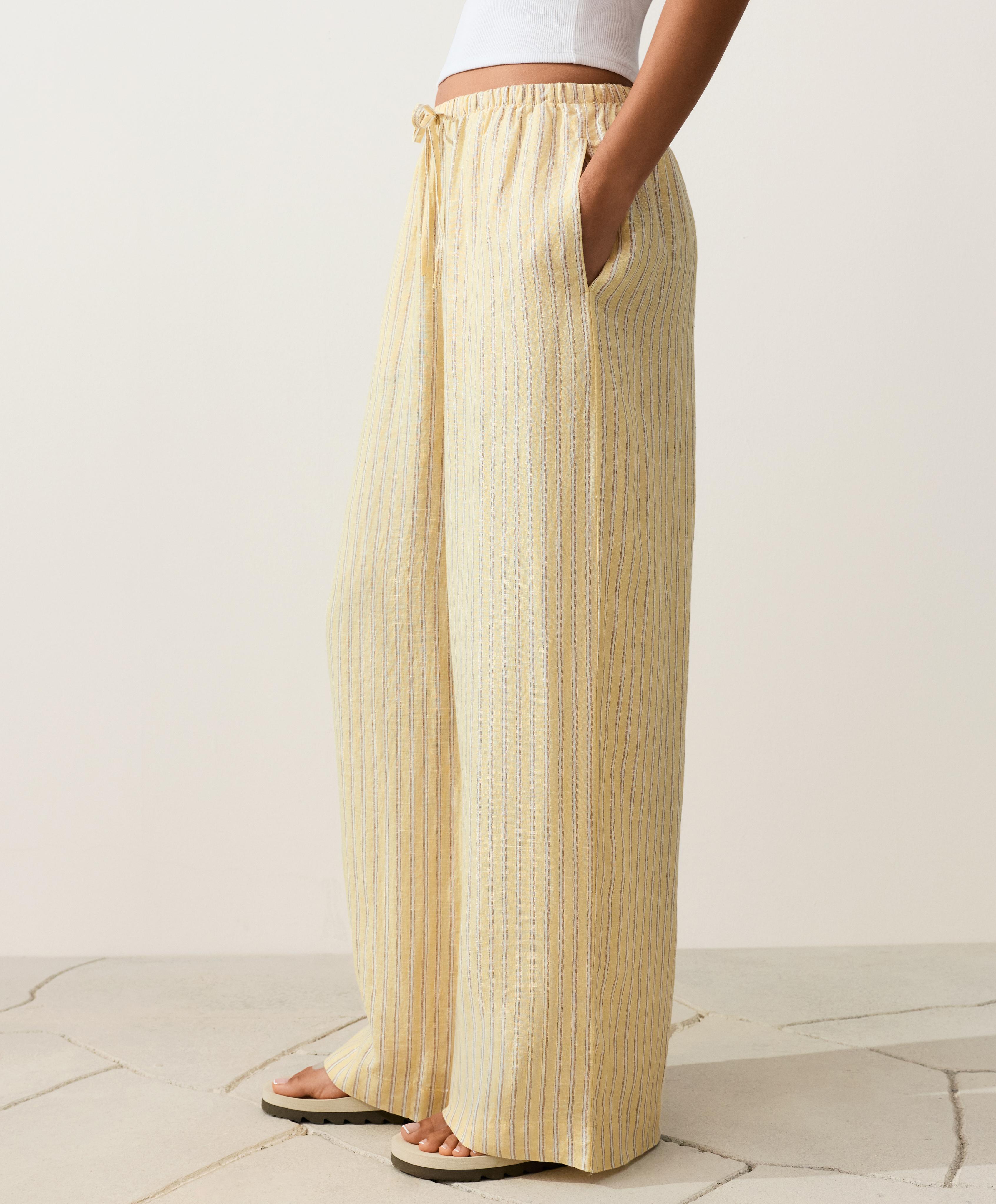 100% linen straight-leg print stripe trousers — SOFT YELLOW