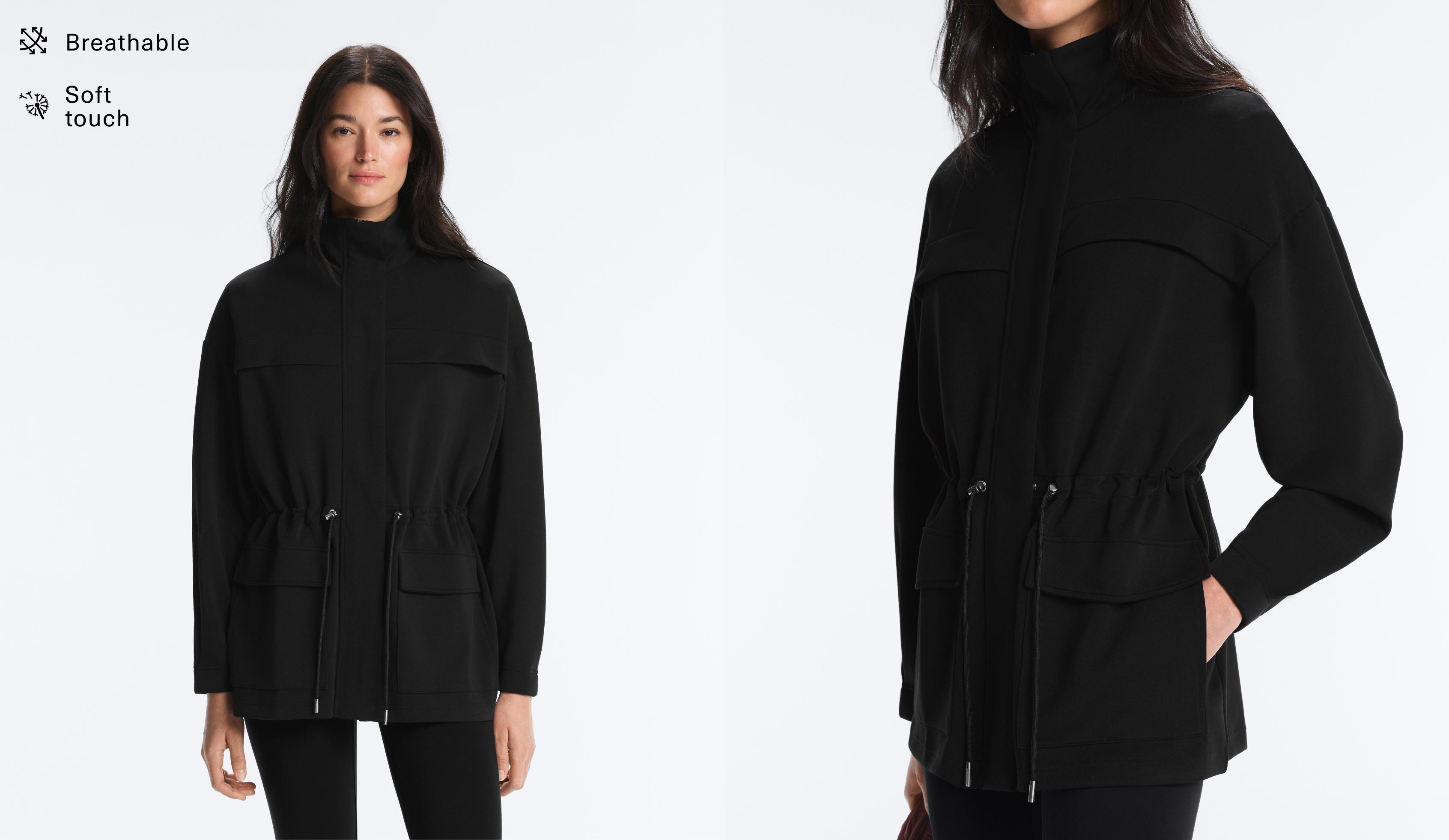 Long soft-touch modal jacket with pockets — BLACK