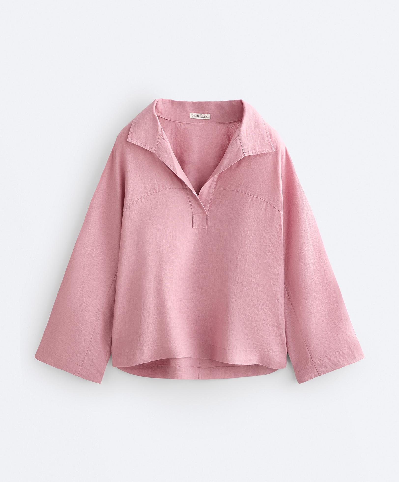 Oversize long-sleeve 100% linen polo shirt — MID-PINK