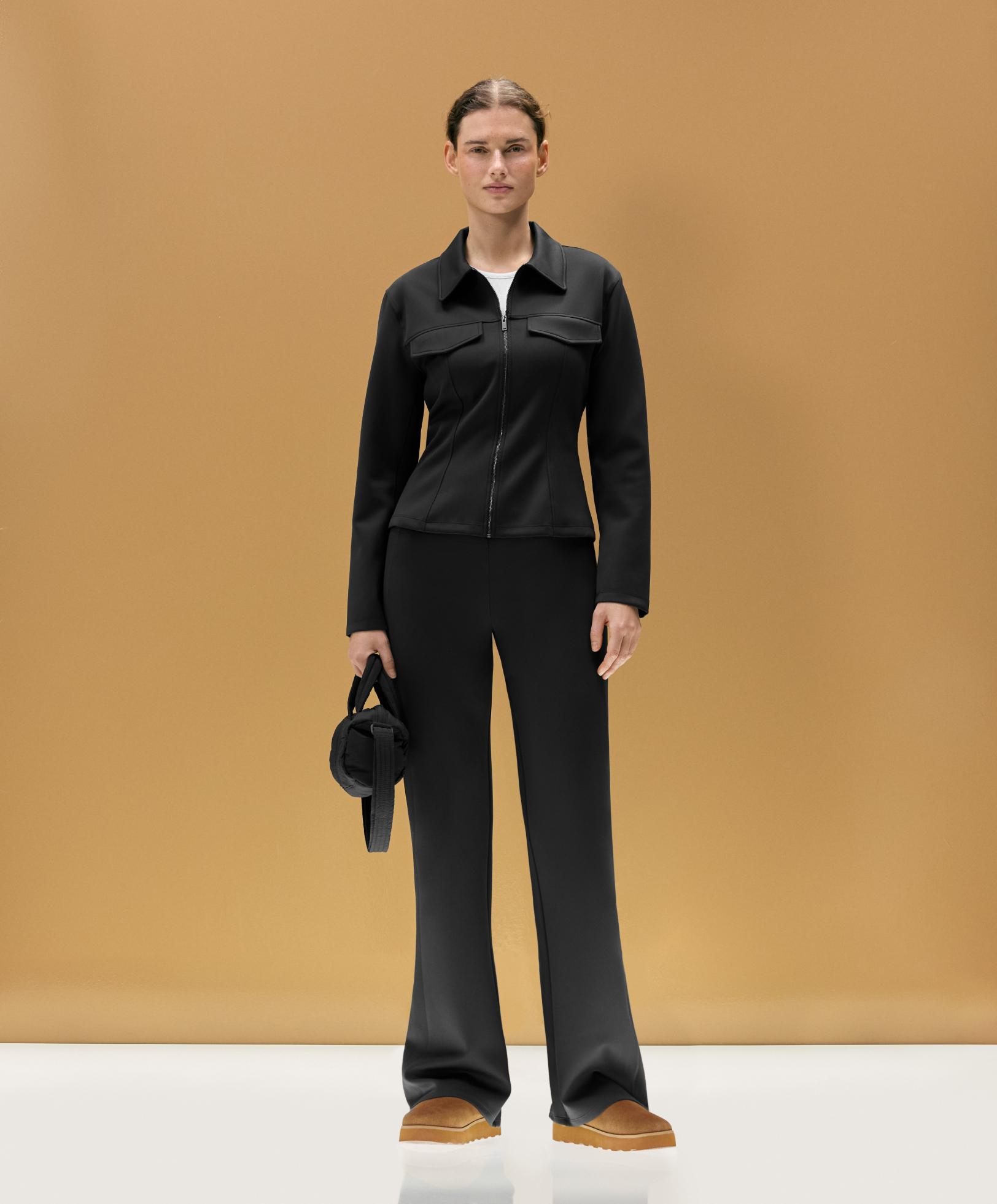 Neoprene-effect peplum jacket with ribbing — BLACK