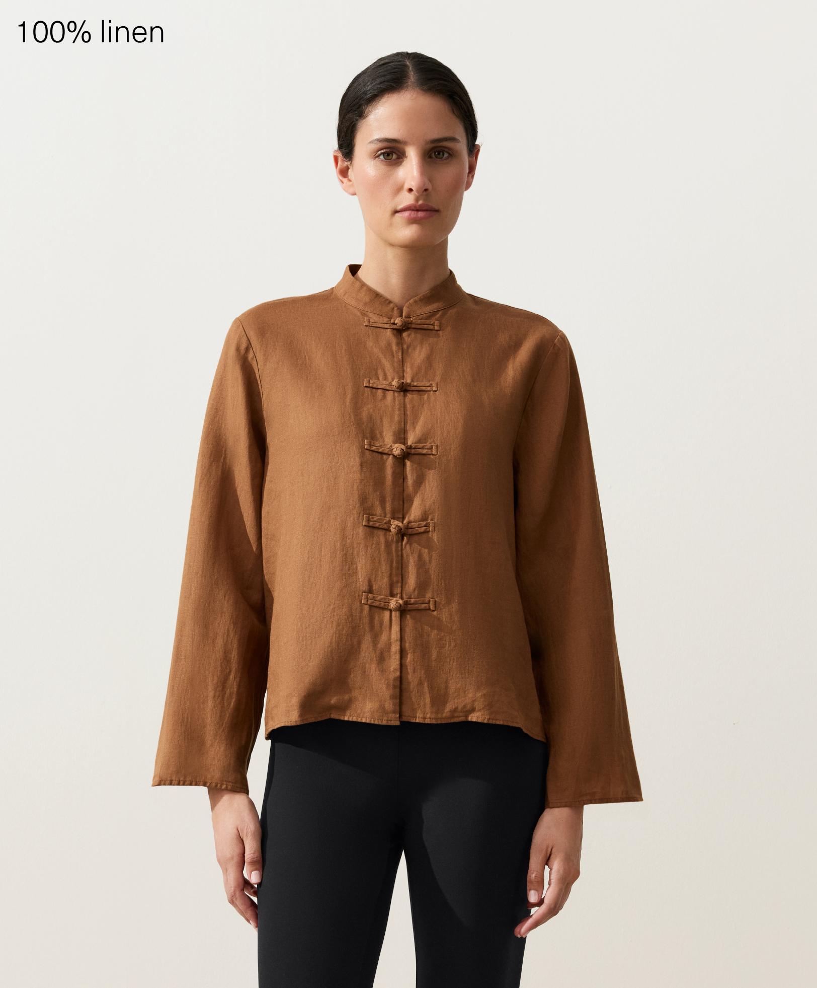 100% linen stand-up collar shirt — TOFFEE