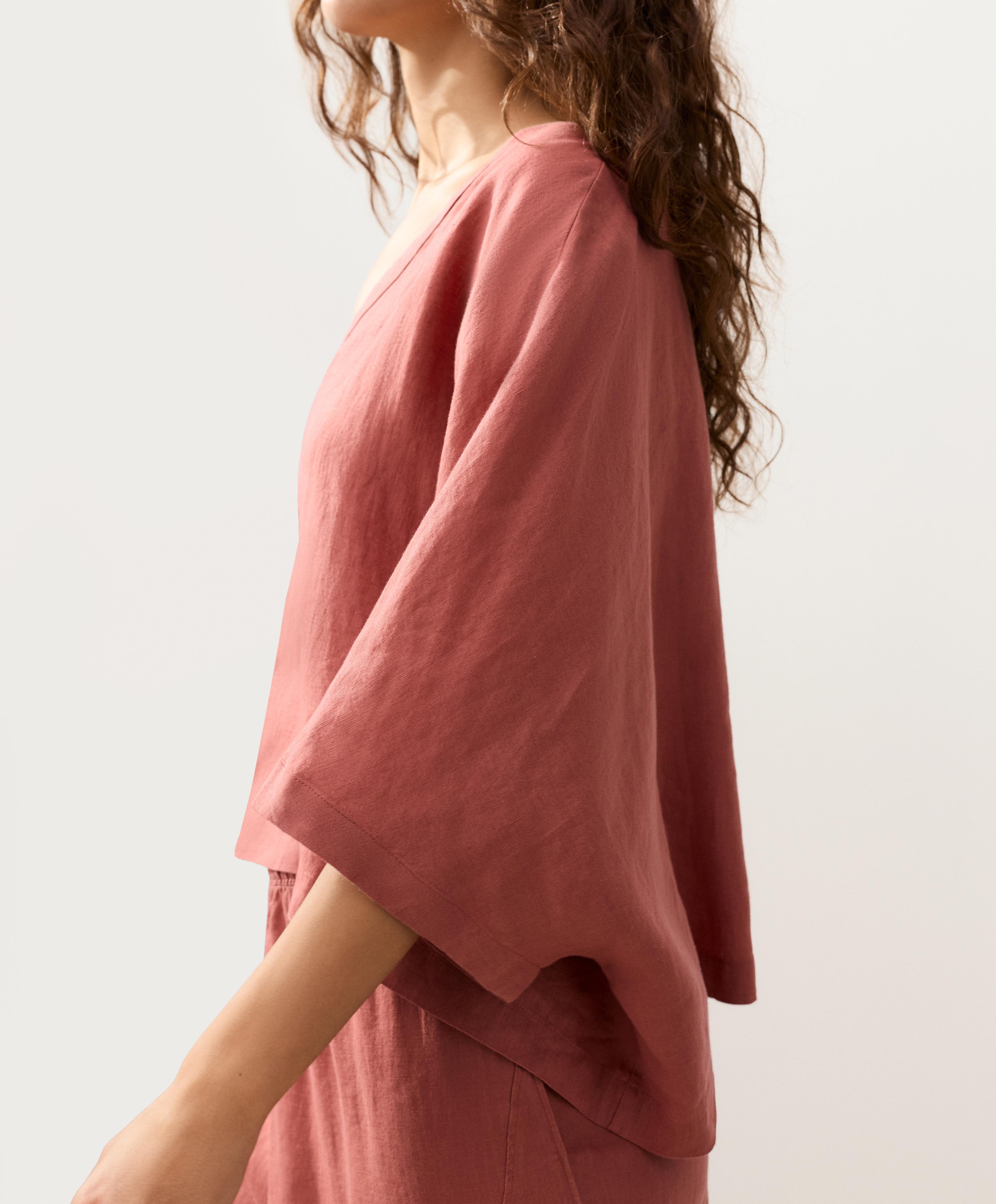 100% linen short-sleeve shirt — CORAL