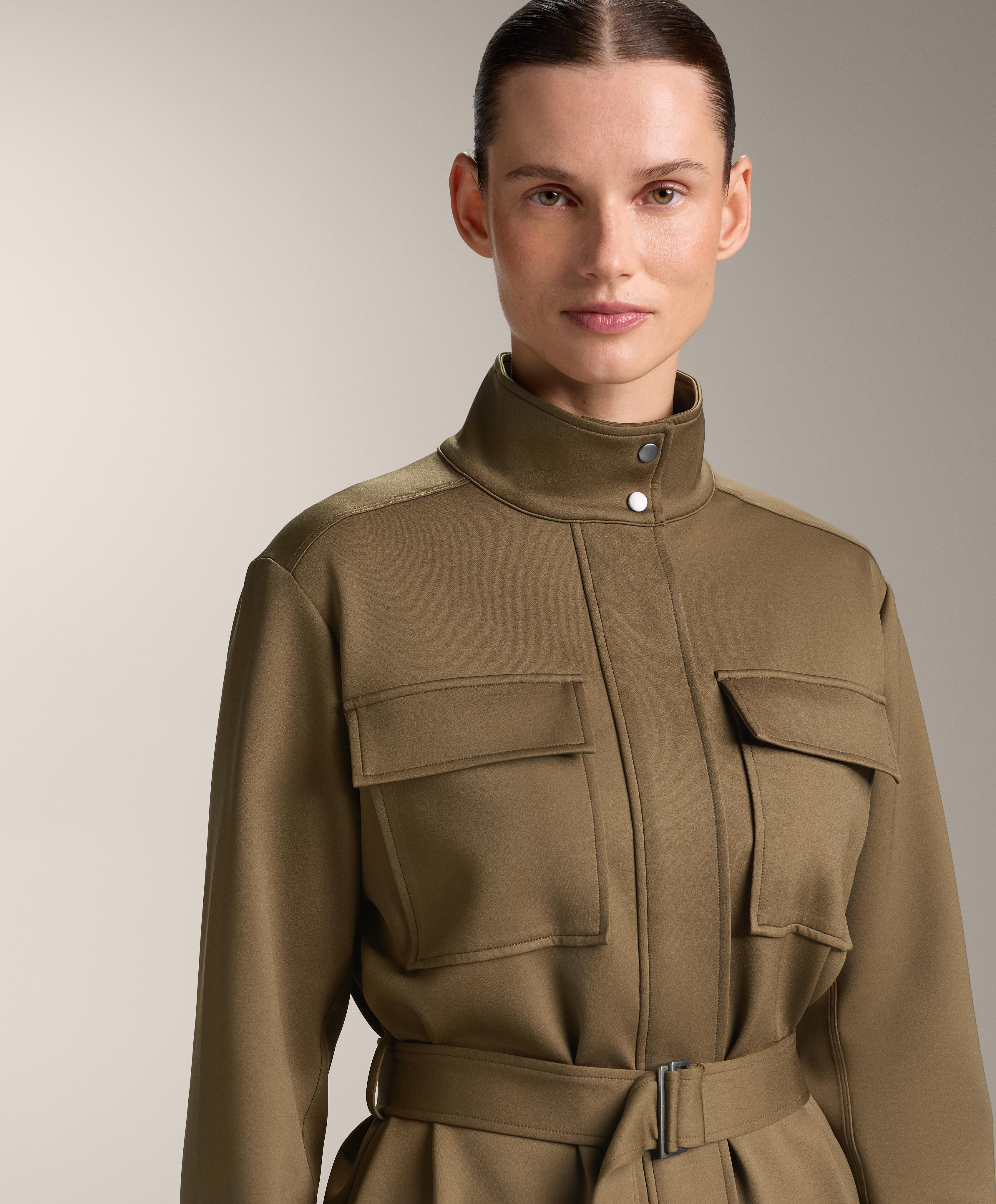 Neoprene-effect jacket with belt — OLIVE GREEN