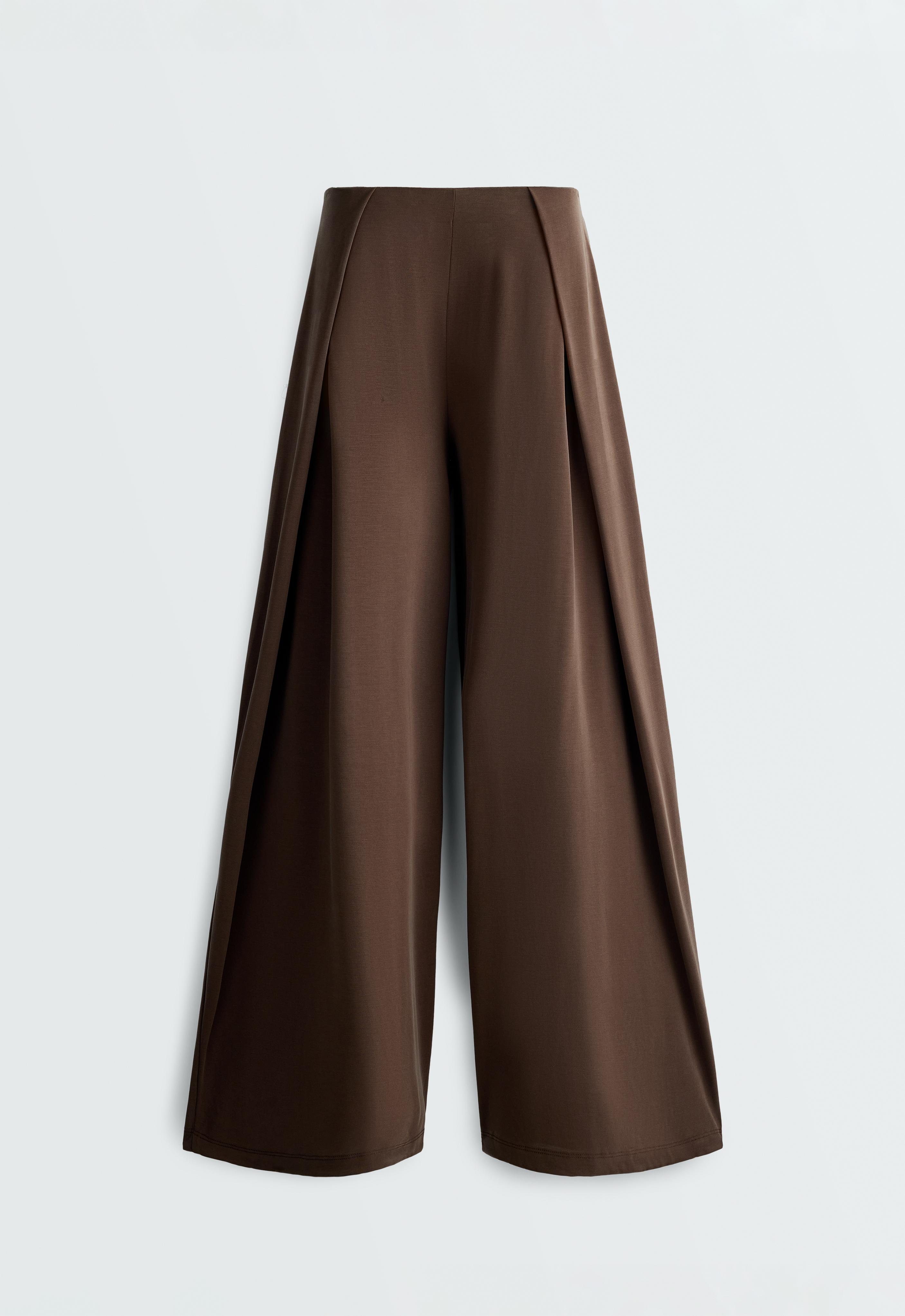 Modal blend straight-leg trousers with side pleat — DARK BROWN