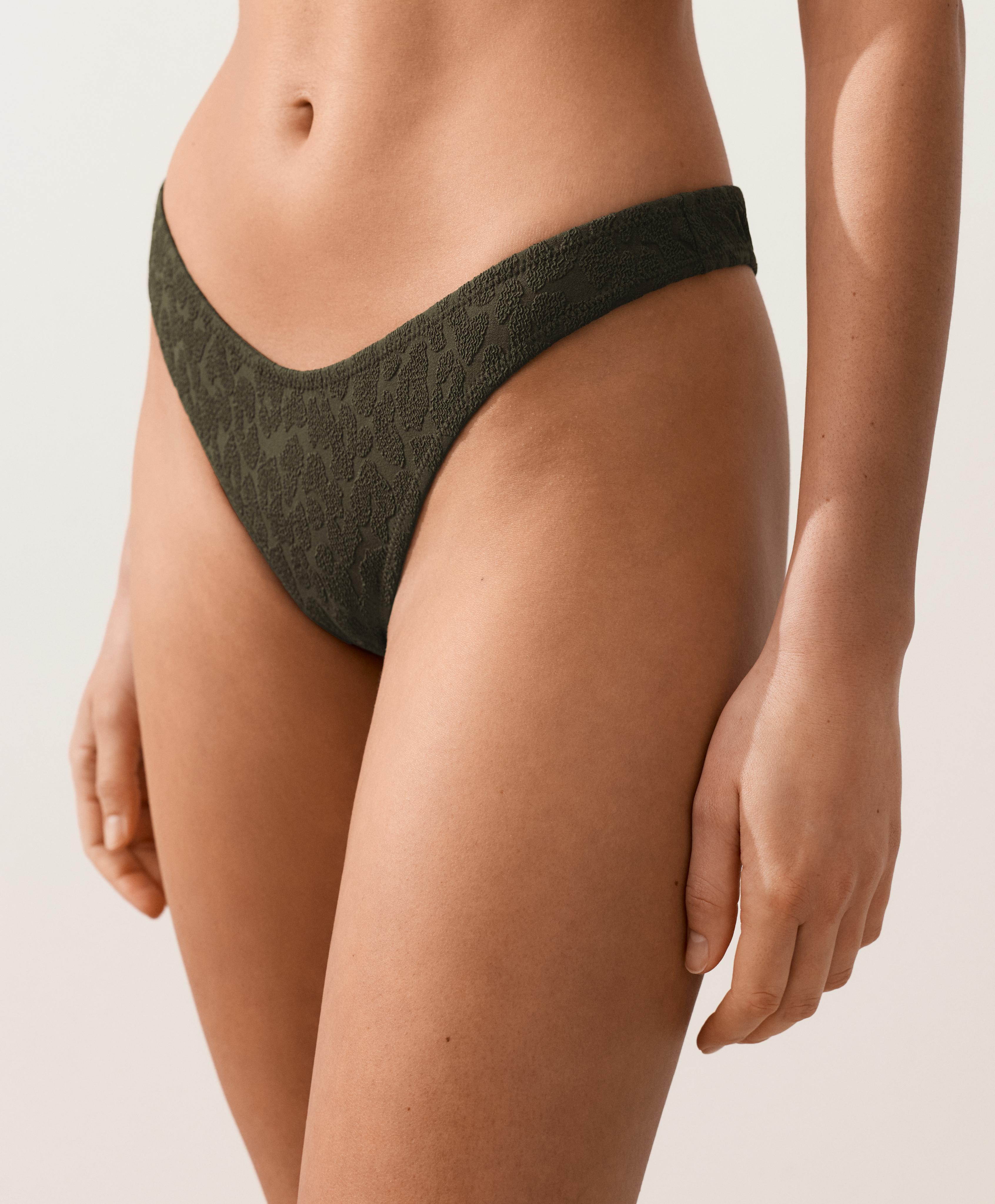 U-cut leopard print textured Brazilian bikini briefs — DARK KHAKI