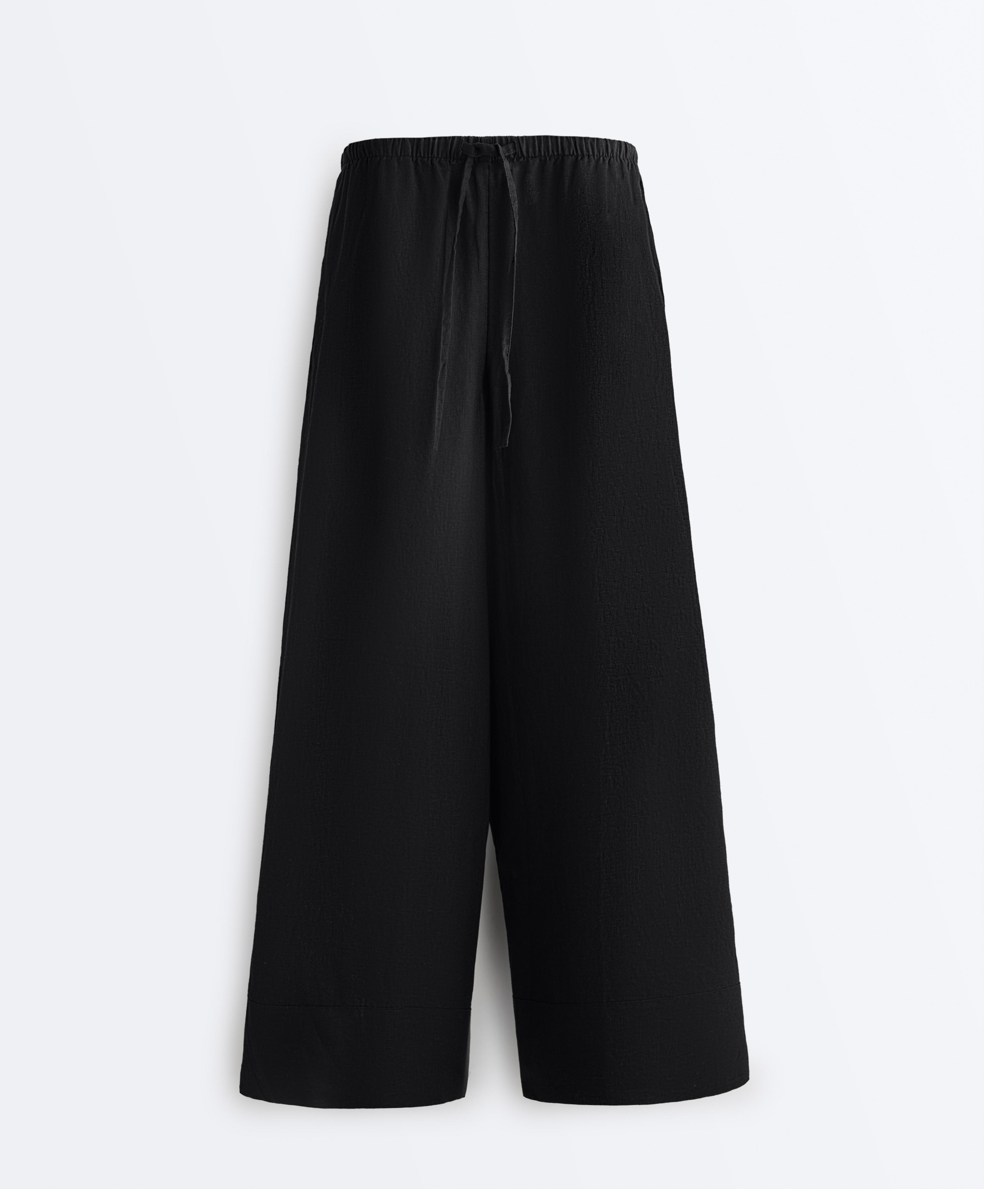 100% linen straight-leg trousers — BLACK
