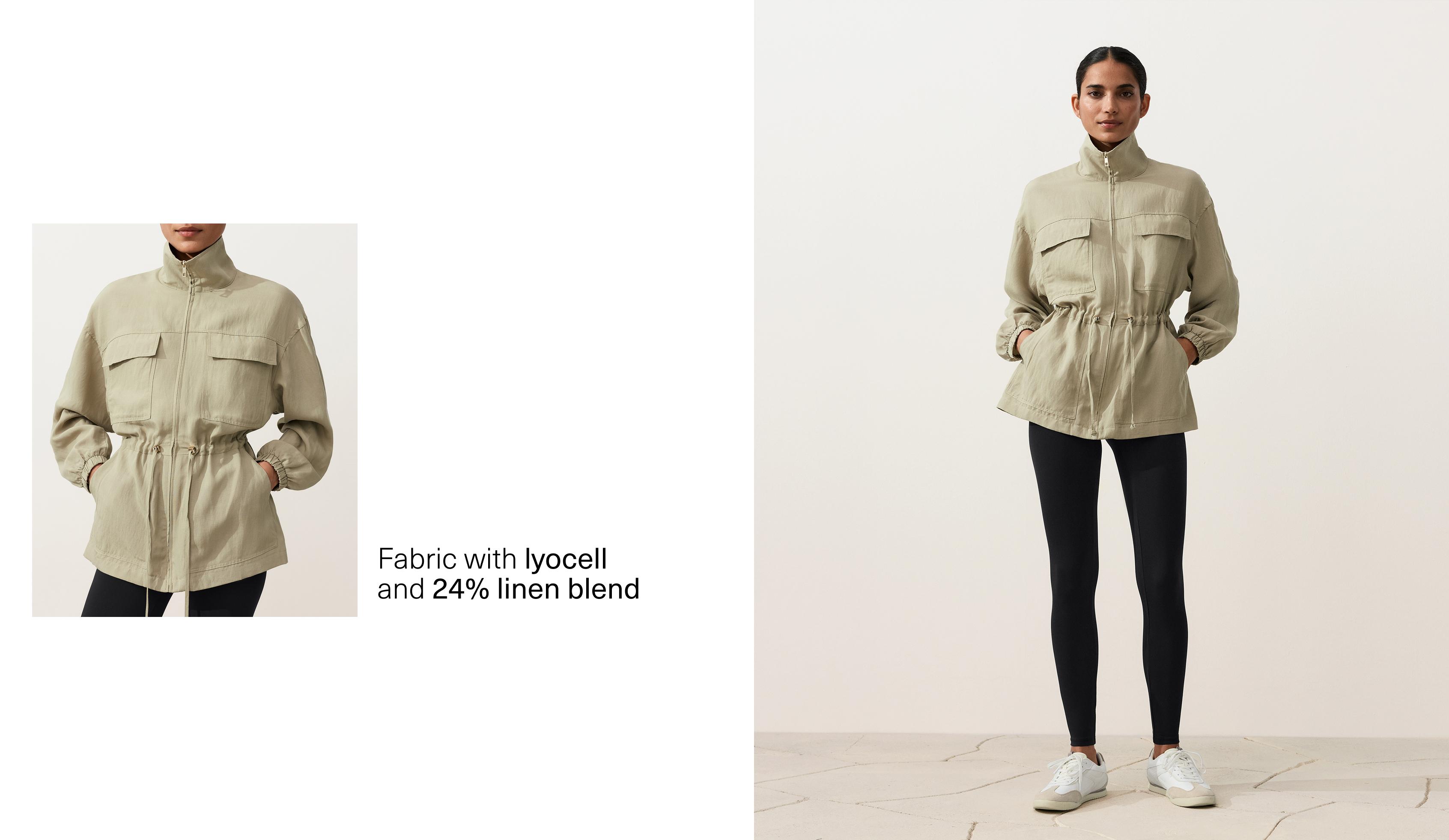 Lyocell and 24% linen blend ruched waist jacket — GREEN BEIGE