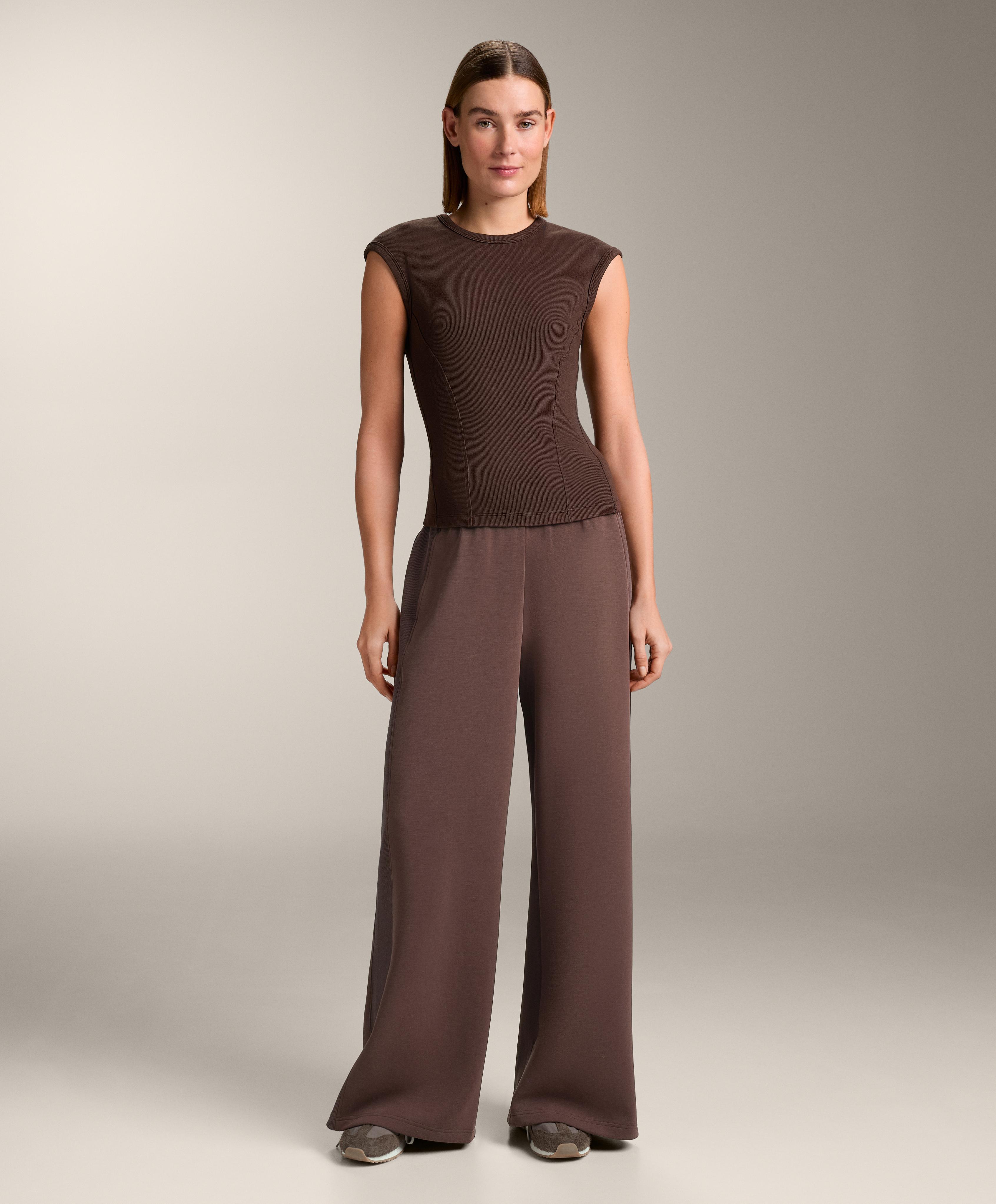 Short-sleeved rib top with cotton and modal — BROWN