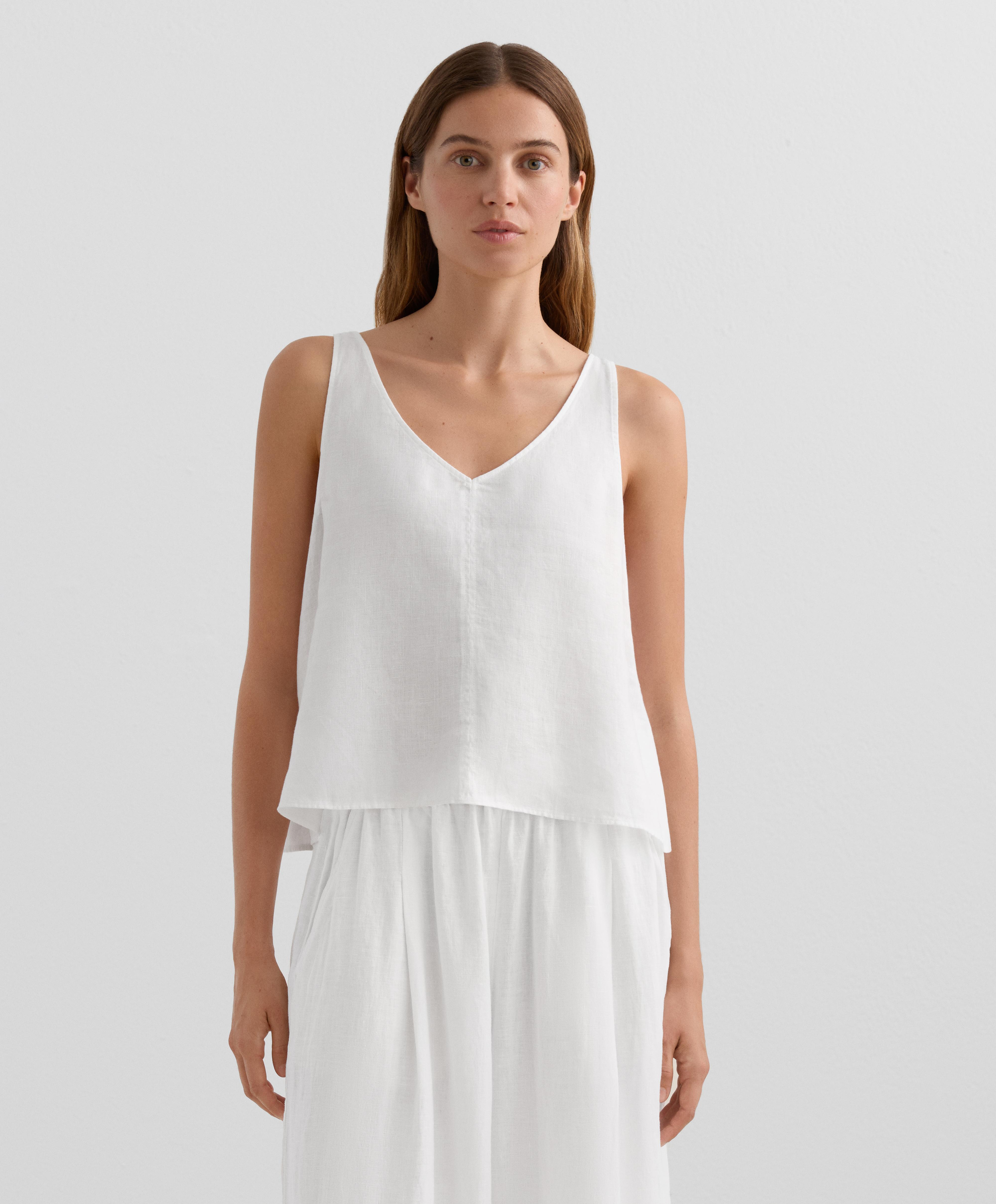 100% linen V-neck strap top — WHITE 
