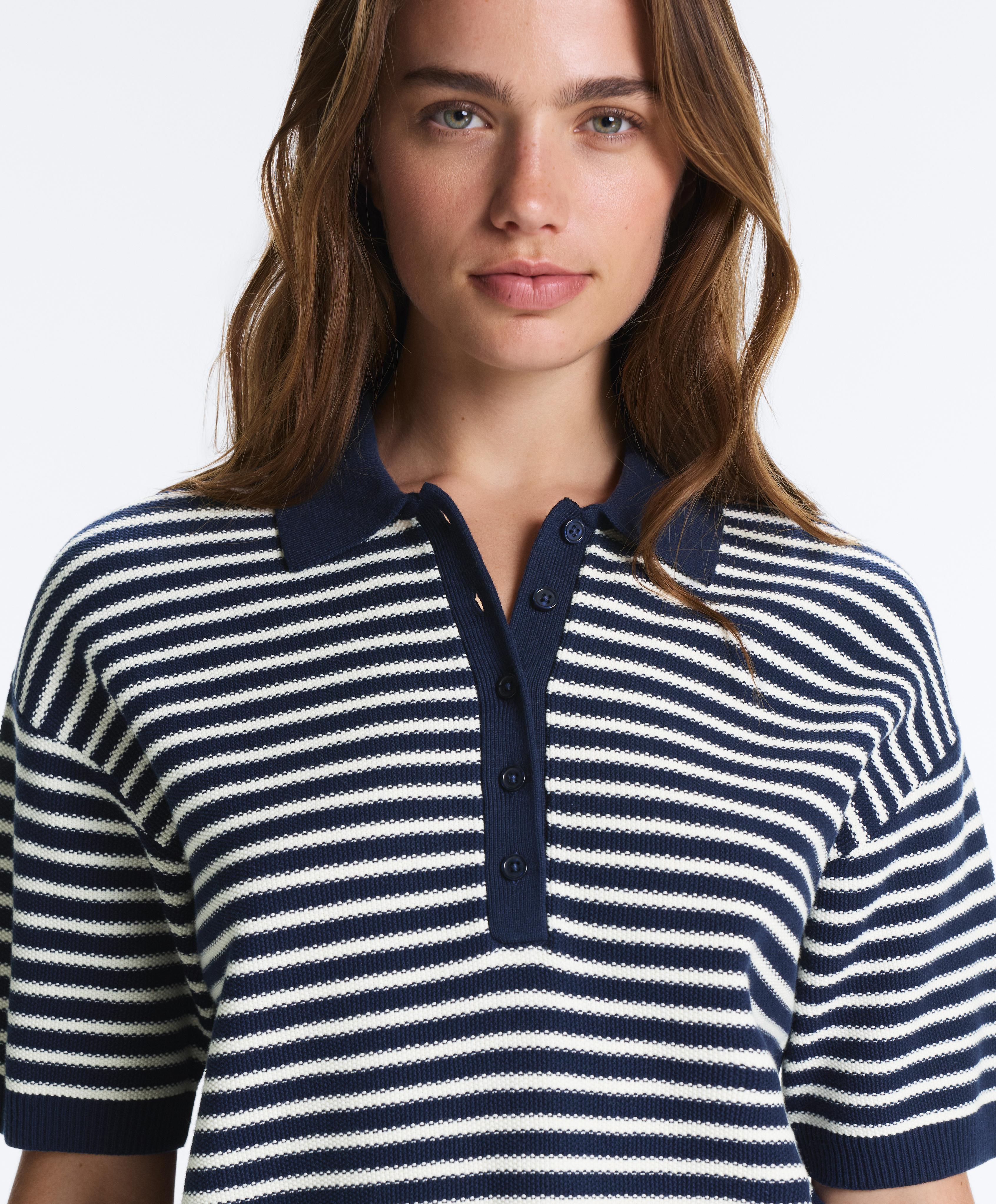 100% cotton striped knit polo shirt — NAVY BLUE