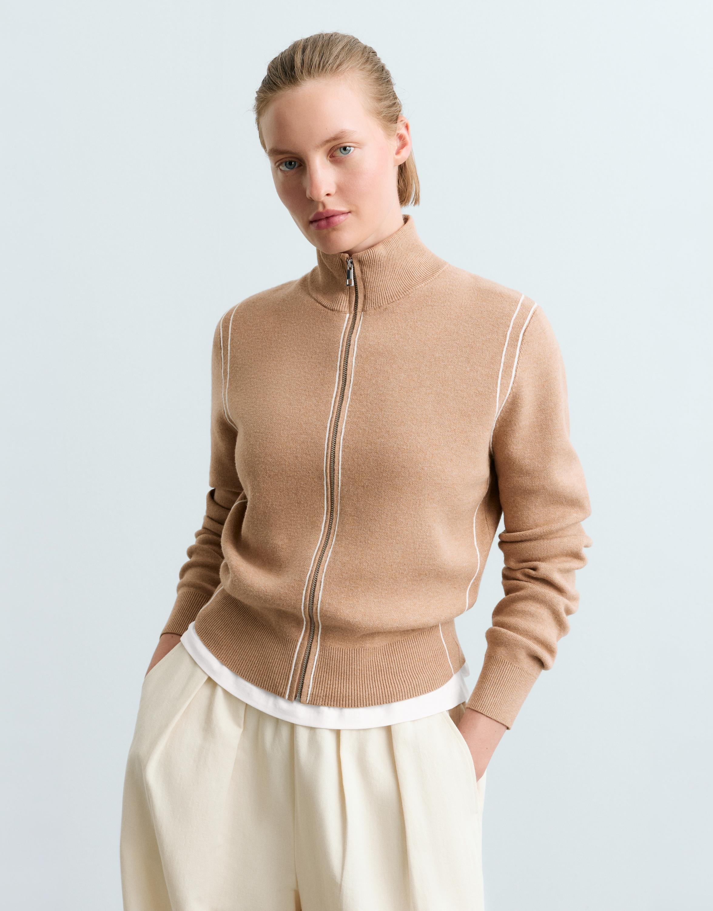 Contrast piping knit jacket — CAMEL