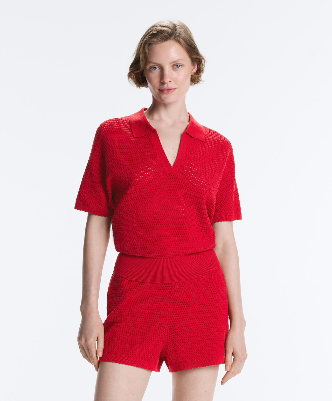 Cotton blend openwork knit polo — BRIGHT RED