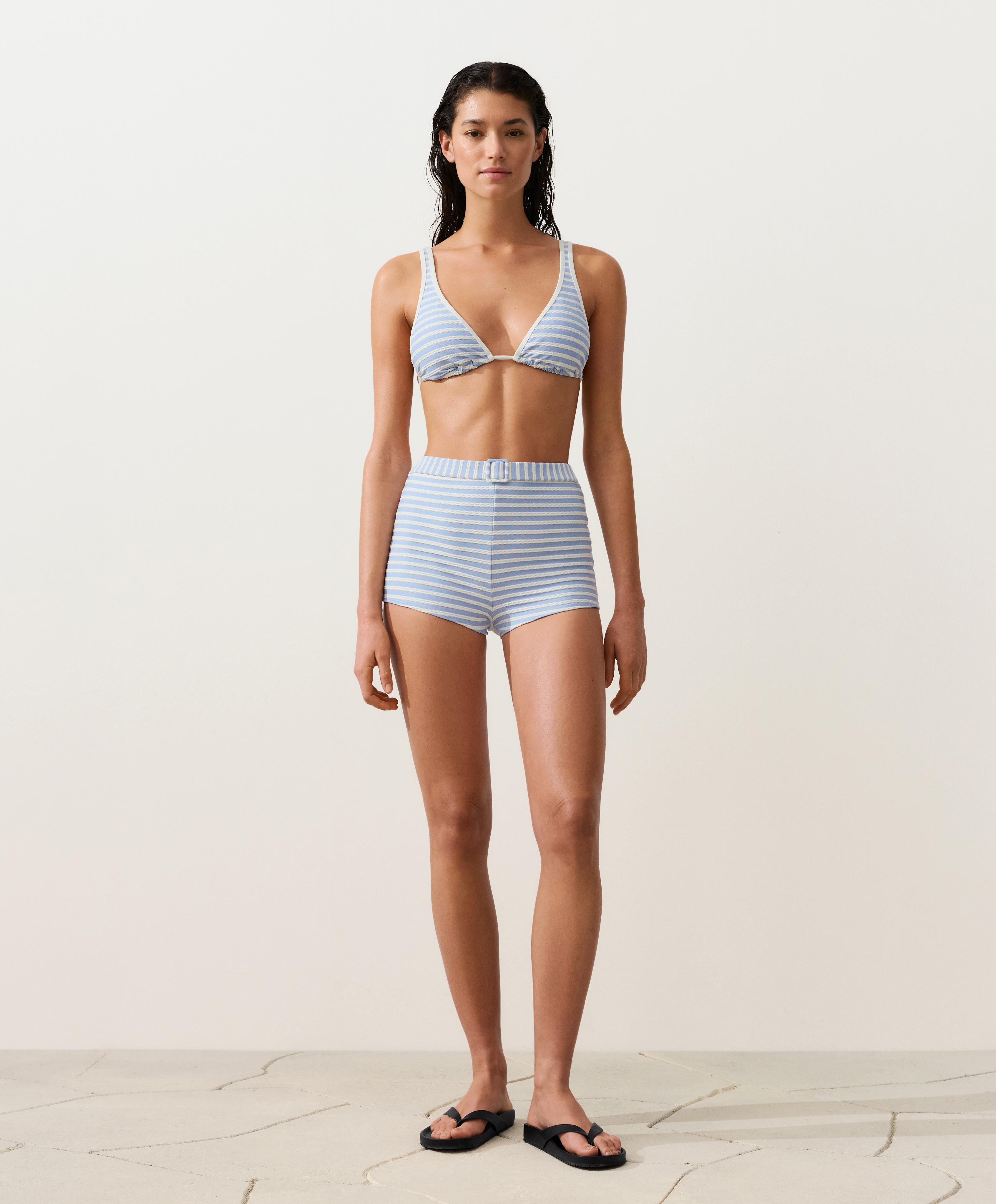 Striped textured high-waisted bikini shorts with belt detail — WASHED SKY BLUE