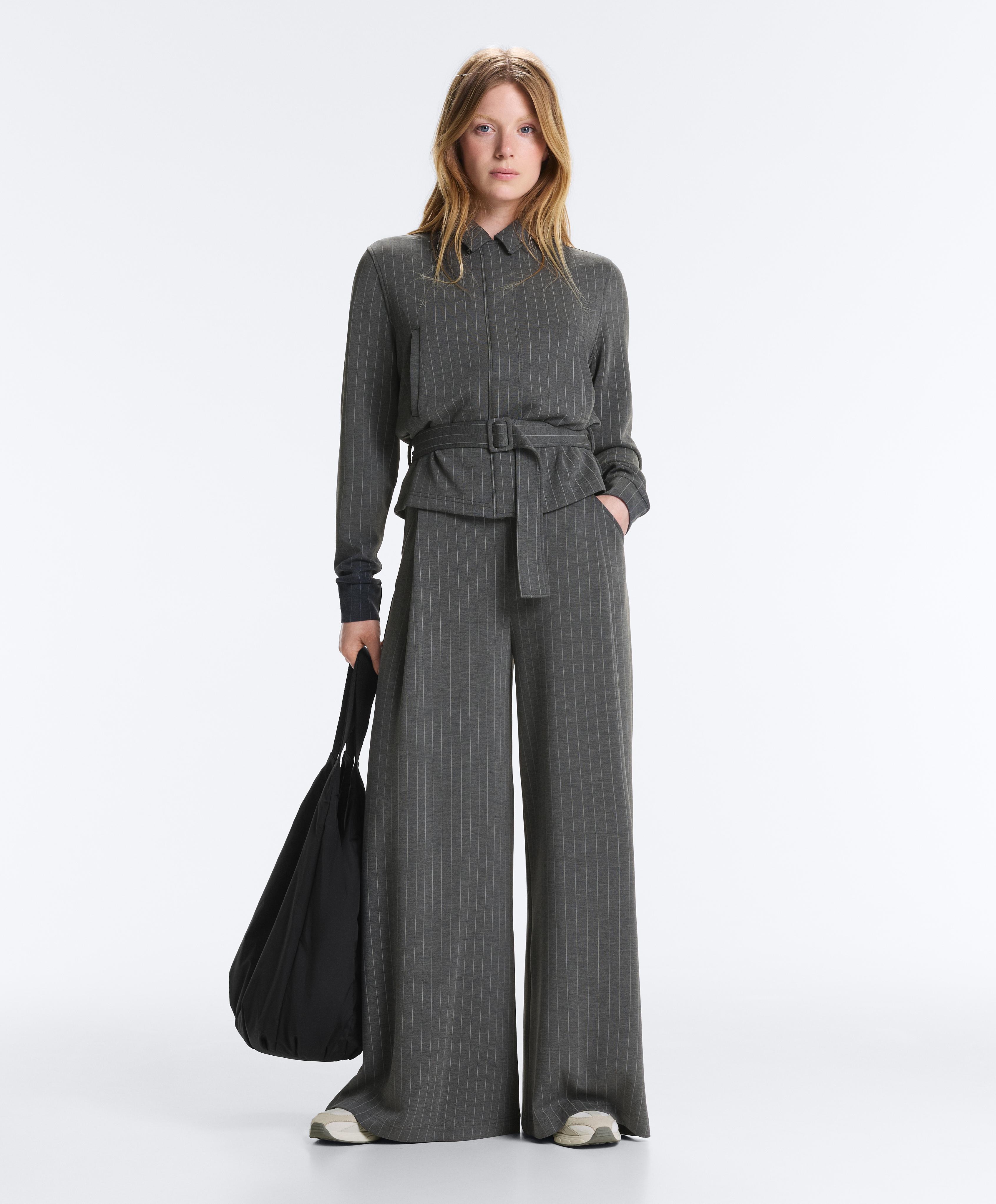 Soft-touch modal pinstripe wide-leg trousers — DARK GREY