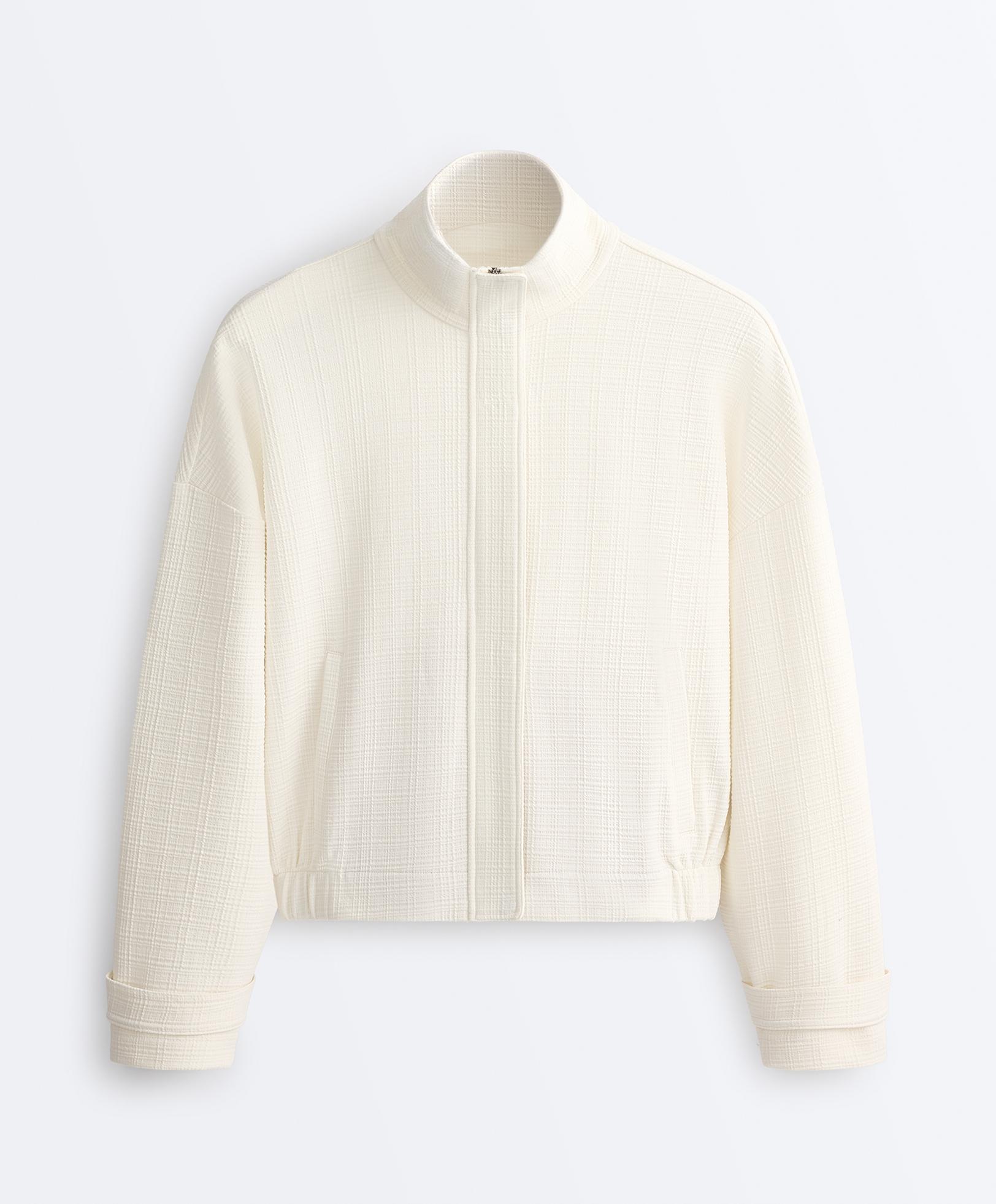 Cotton stripe texture cropped jacket — PALE ECRU