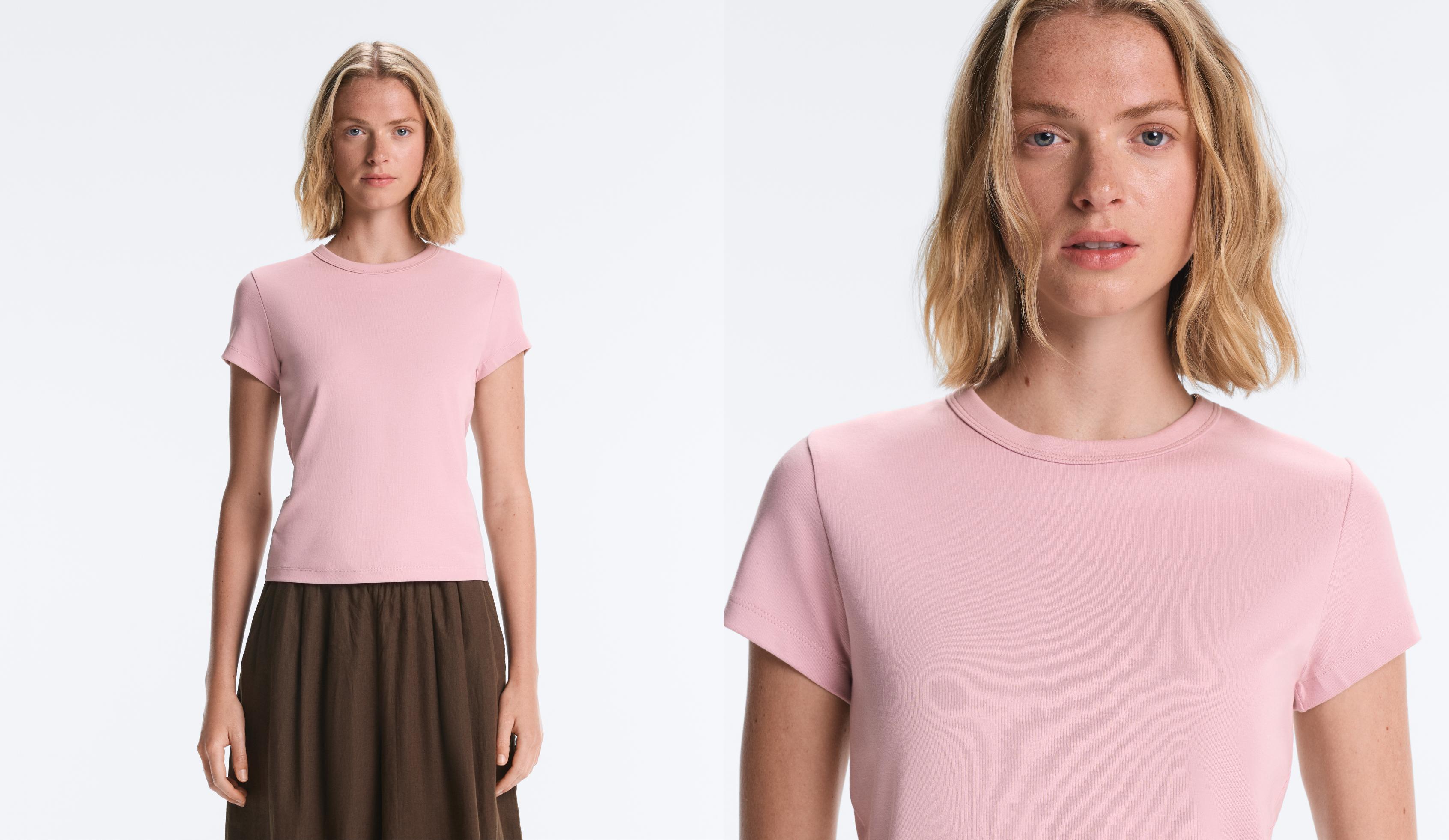 Fitted short sleeve rib T-shirt in cotton blend — PALE PINK