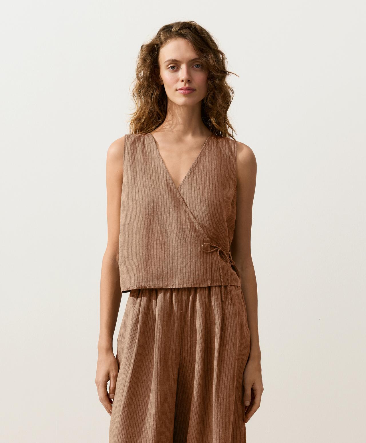 100% linen square neck crossover tie top — TAN MELANGE