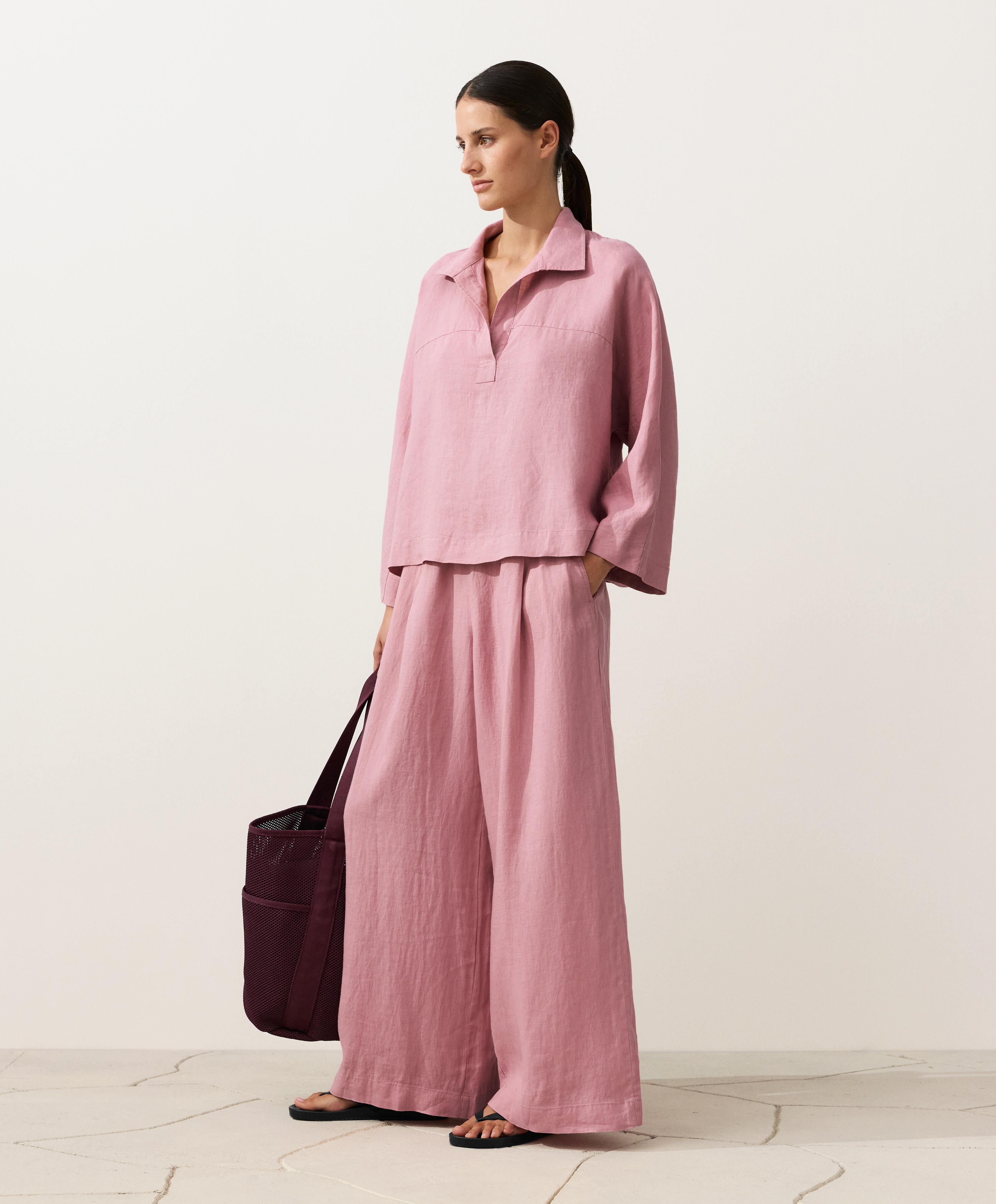 Oversize long-sleeve 100% linen polo shirt — MID-PINK