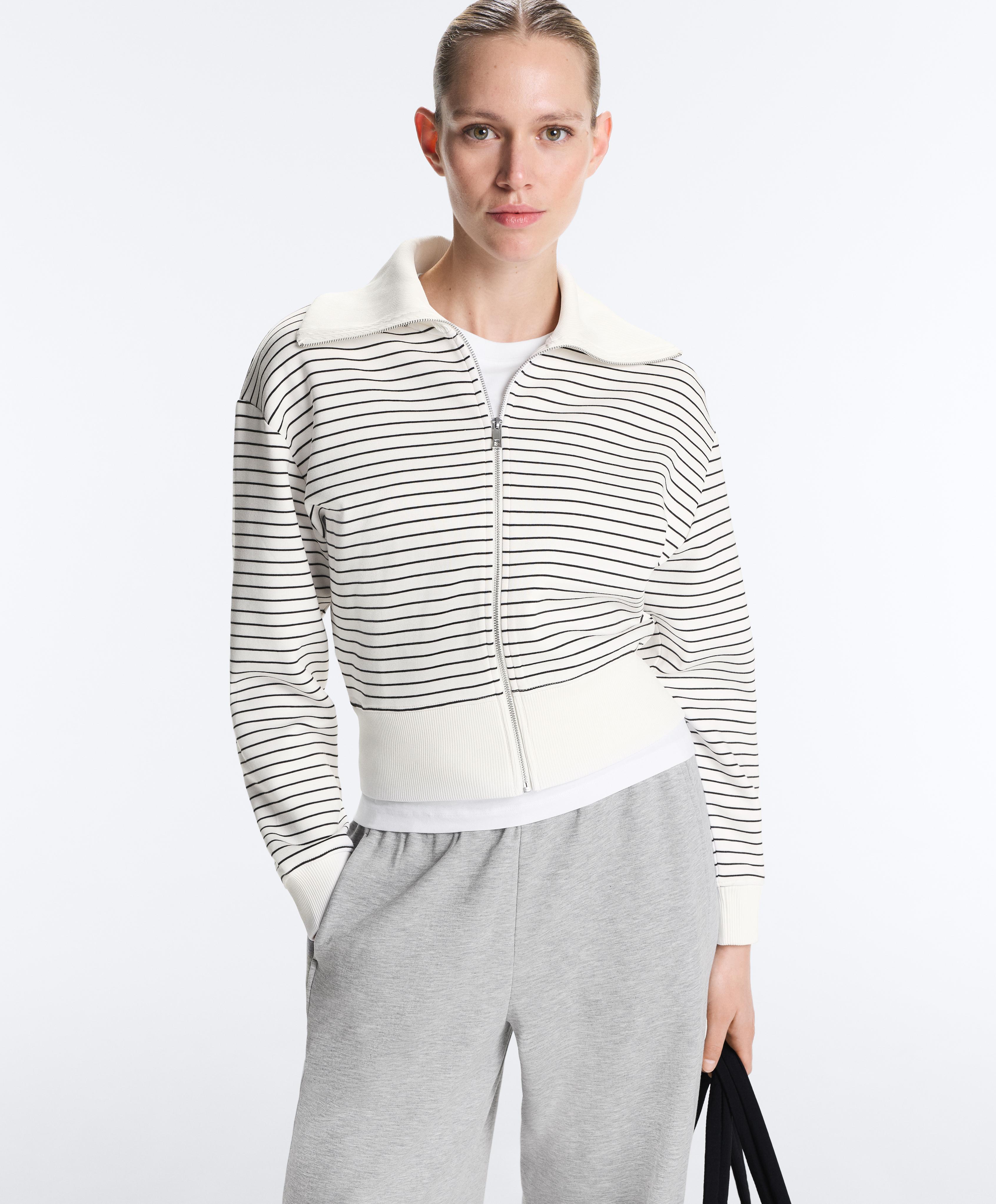 Striped rib neck jacket with cotton — PALE ECRU