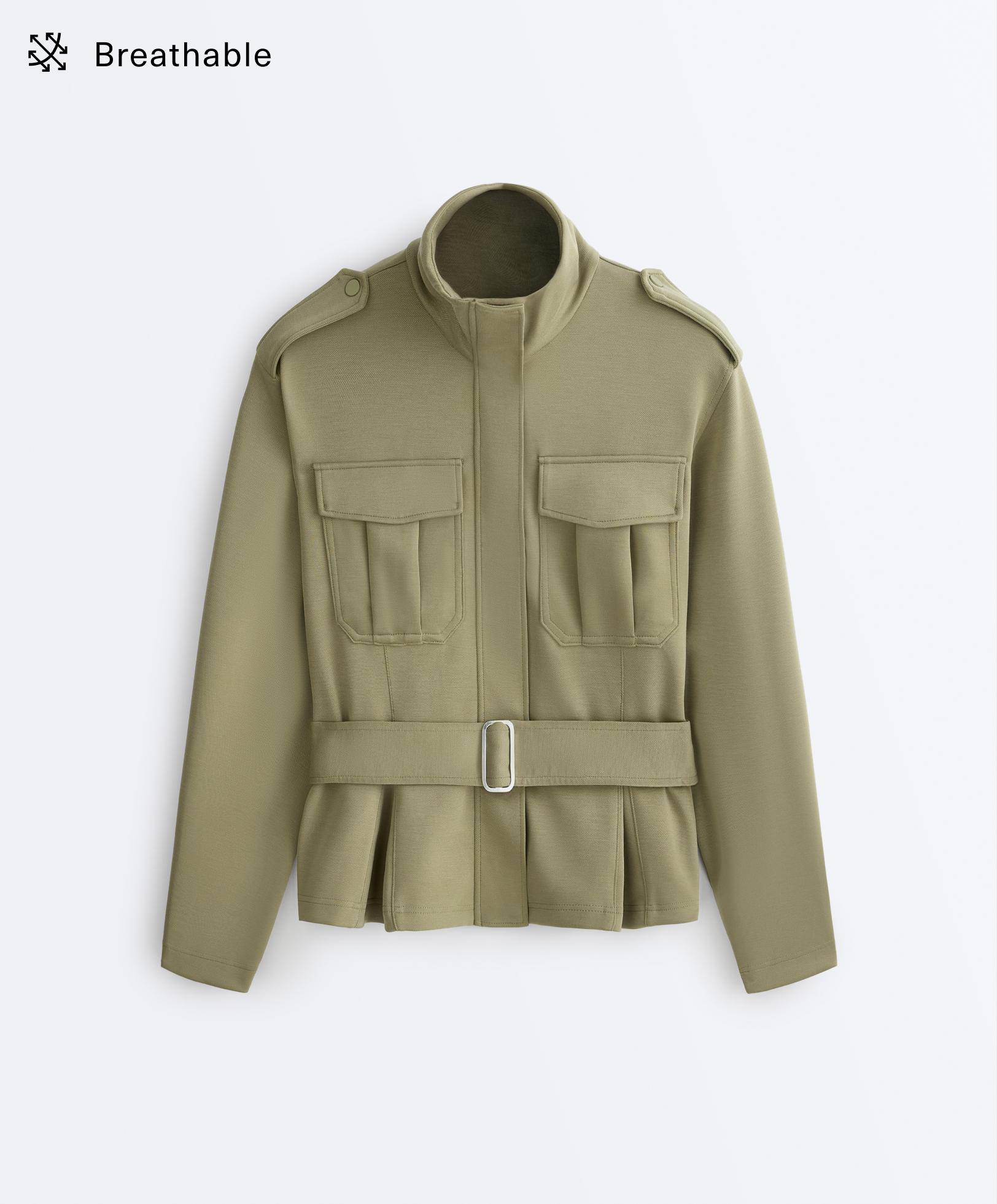 Cropped piqué utility jacket with belt — YELLOW GREEN