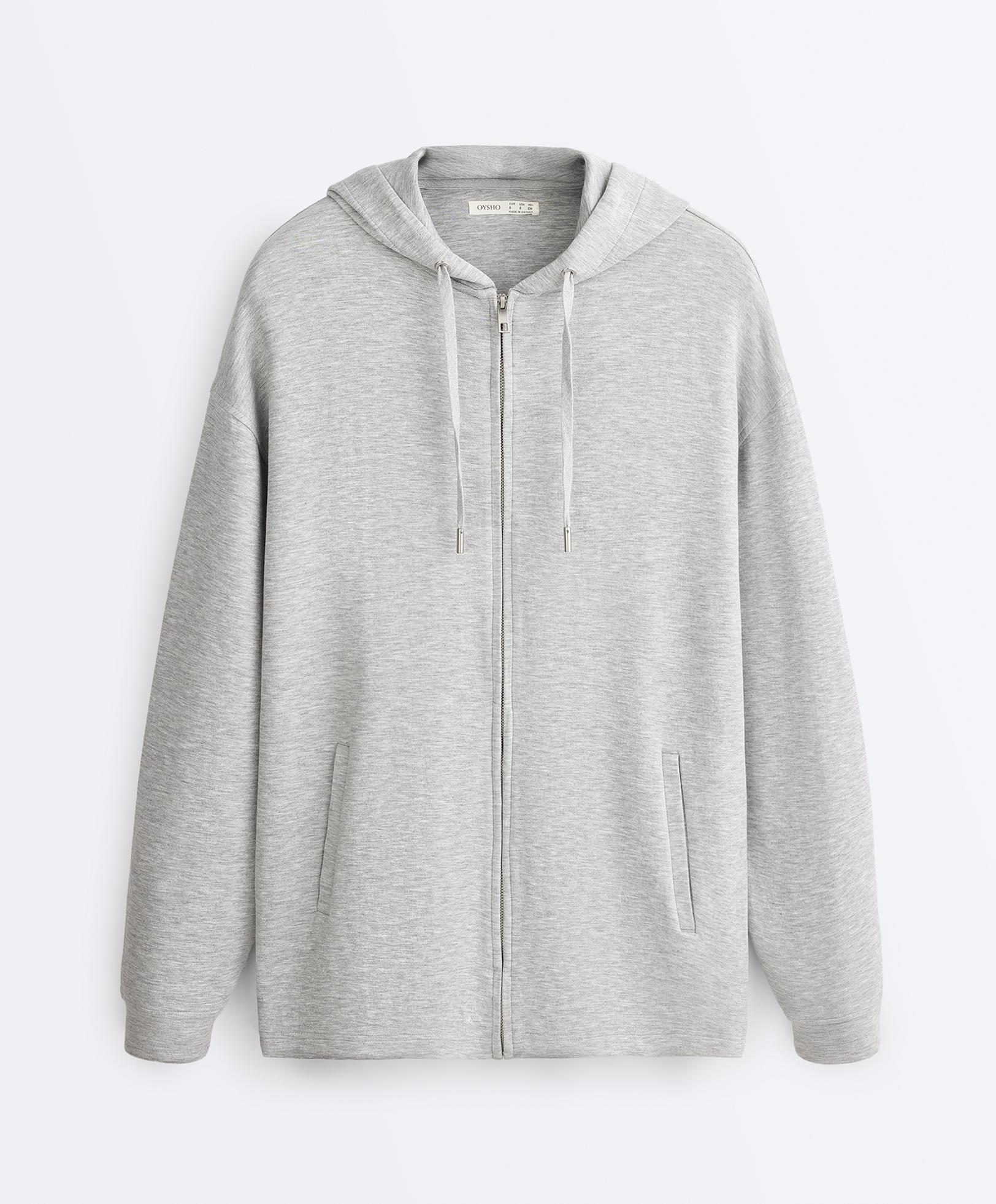 Long melange piqué hooded jacket — GREY MELANGE