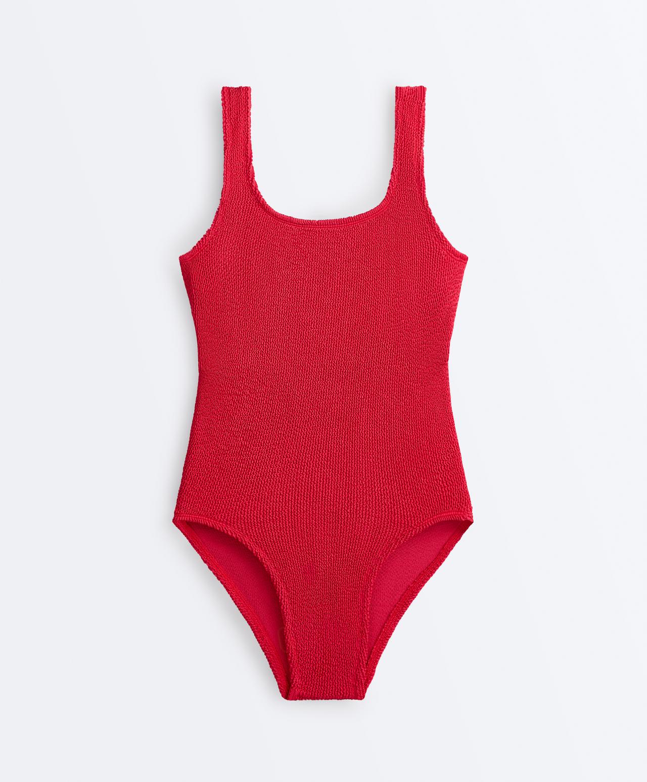 Crinkle round neck swimsuit — GERANIUM RED