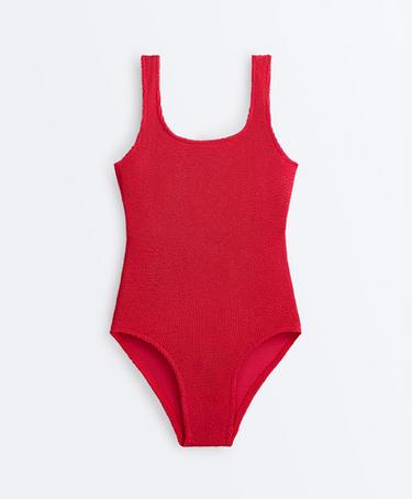 Crinkle round neck swimsuit — GERANIUM RED 8