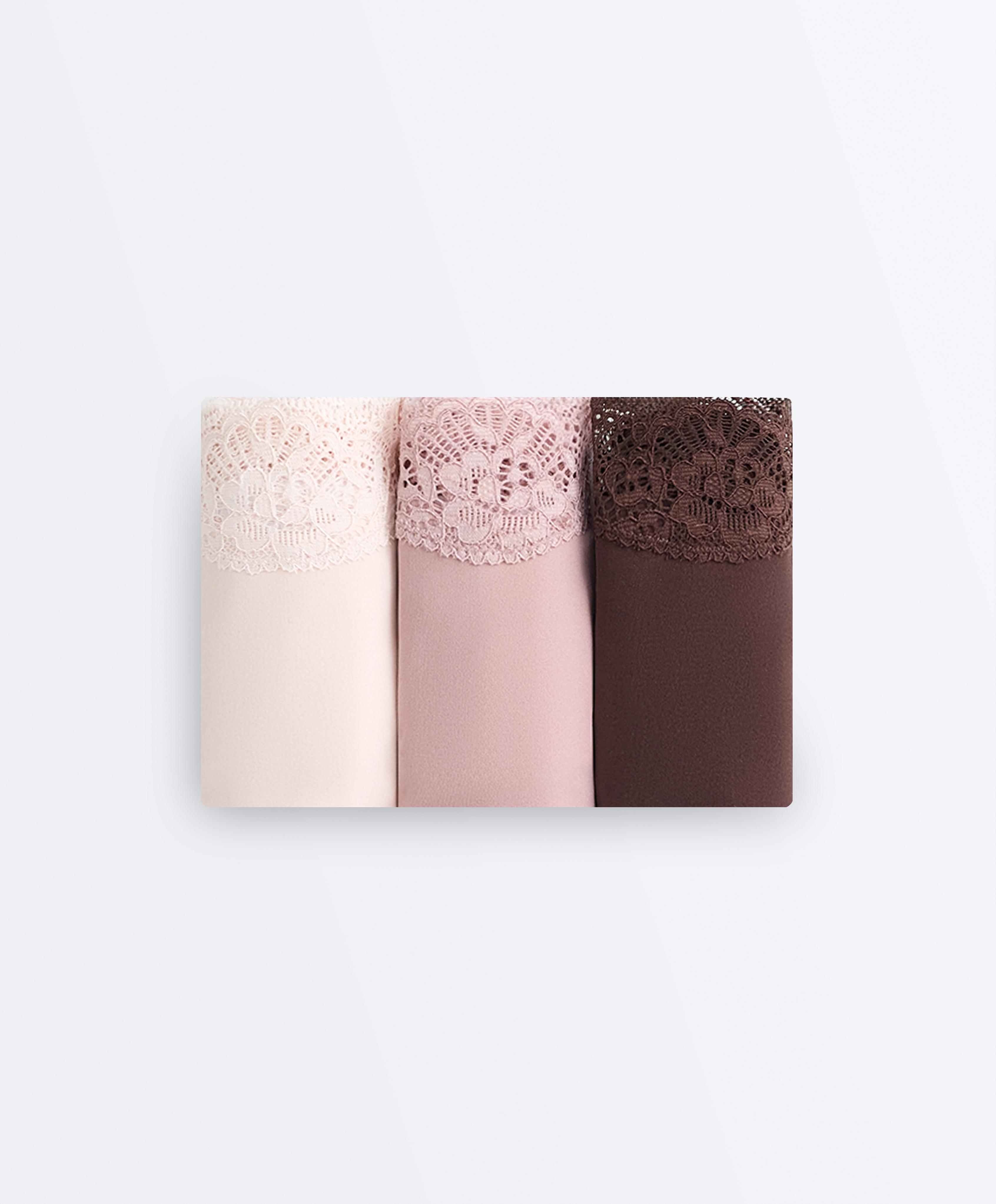 3 laser-cut polyamide blend lace thongs — CHOCOLATE