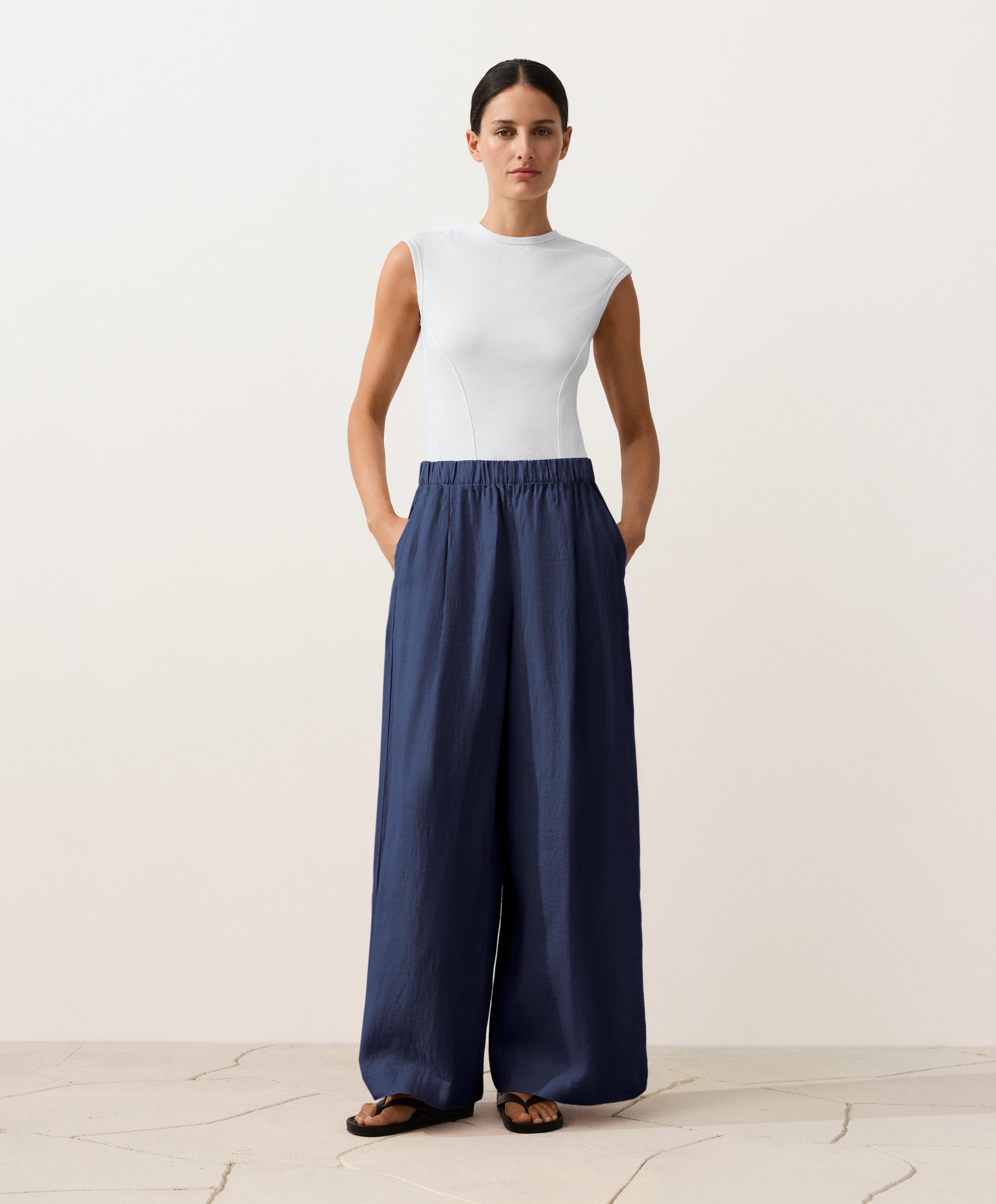 100% linen wide-leg trousers — NAVY